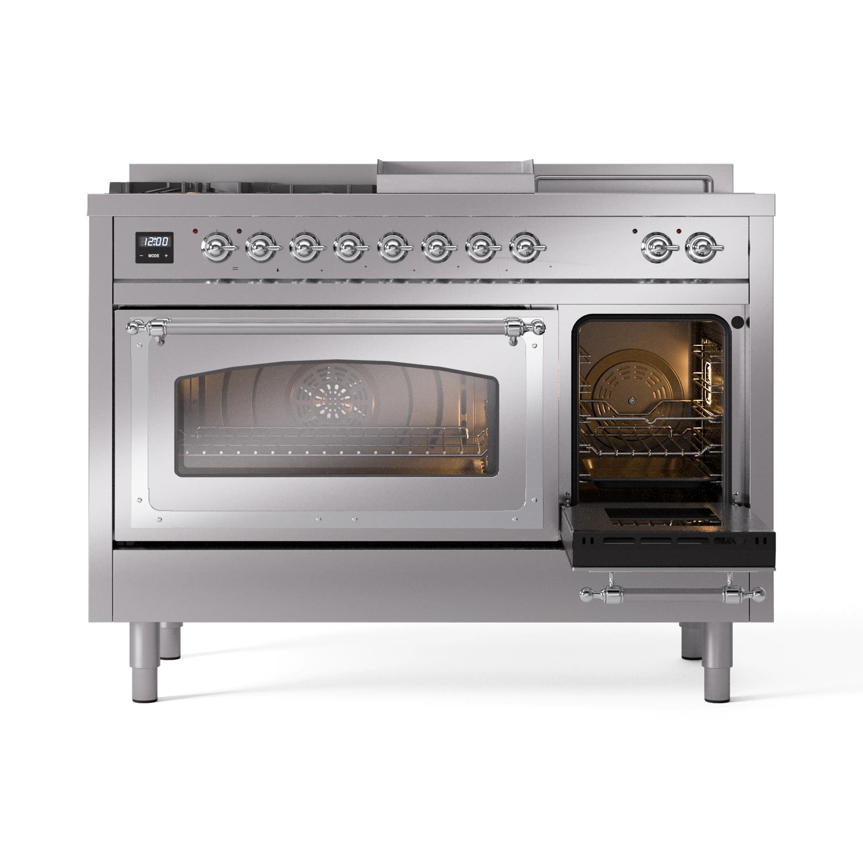 ILVE 48-Inch Nostalgie II Noblesse Natural Gas Dual Fuel Range with 5 Sealed Burners, Griddle, French Top and Triple Glass Door Oven in Stainless Steel with Chrome Trim (UN48FSNMPSSC) - Image 7