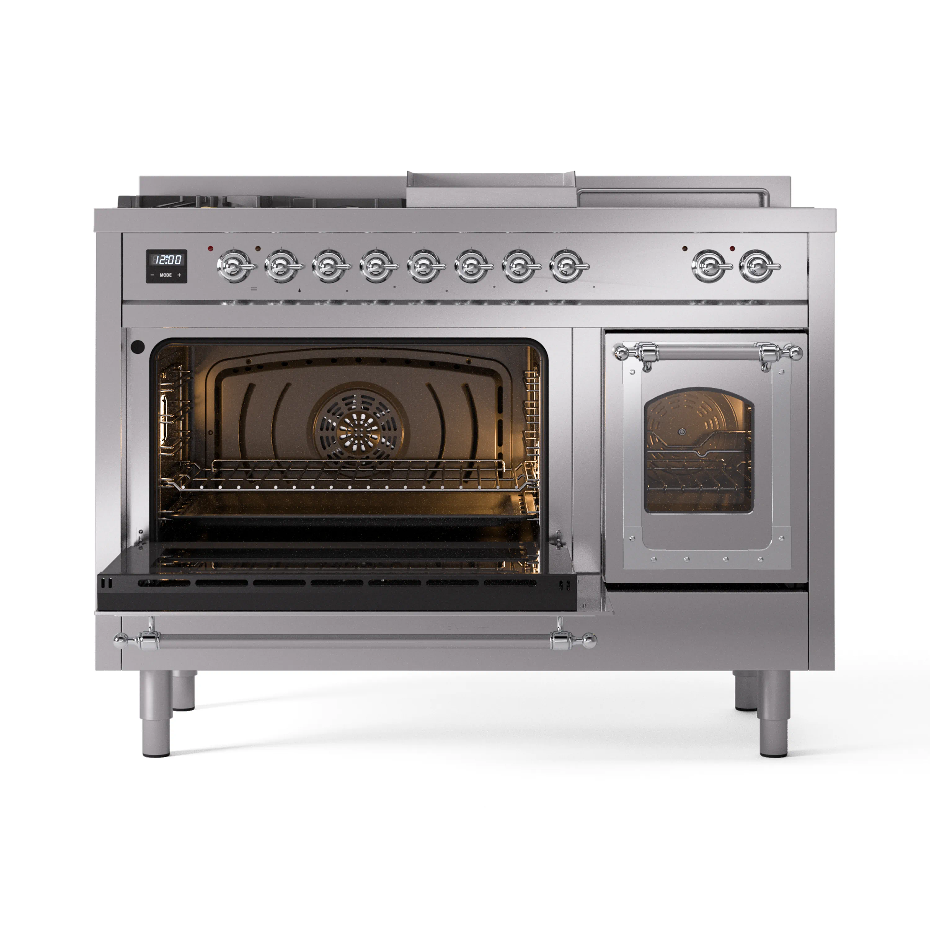ILVE 48-Inch Nostalgie II Noblesse Natural Gas Dual Fuel Range with 5 Sealed Burners, Griddle, French Top and Triple Glass Door Oven in Stainless Steel with Chrome Trim (UN48FSNMPSSC) - Image 8