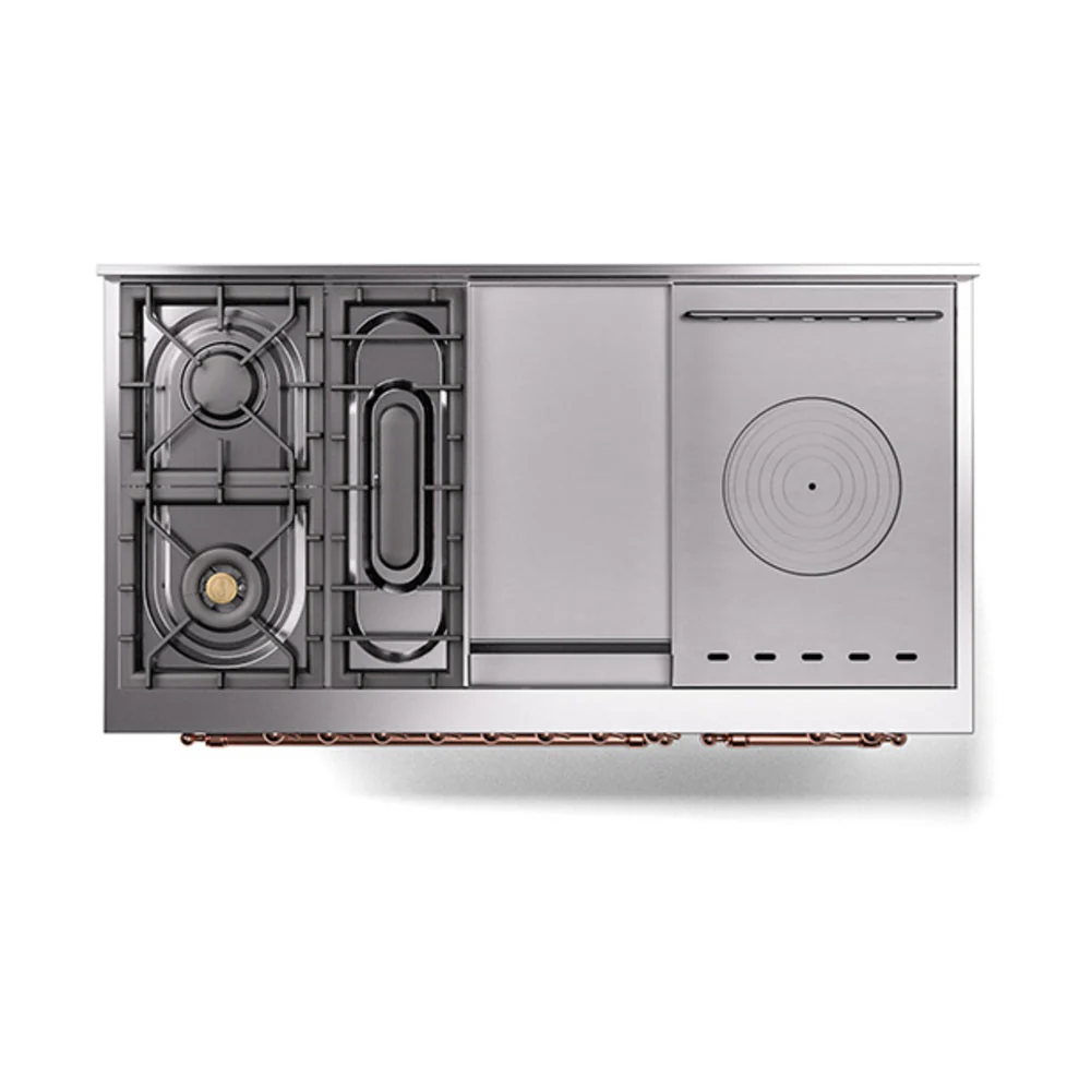 ILVE 48-Inch Nostalgie II Noblesse Natural Gas Dual Fuel Range with 5 Sealed Burners, Griddle, French Top and Solid Door Oven in Stainless Steel with Copper Trim (UN48FSQNMPSSP) - Image 3