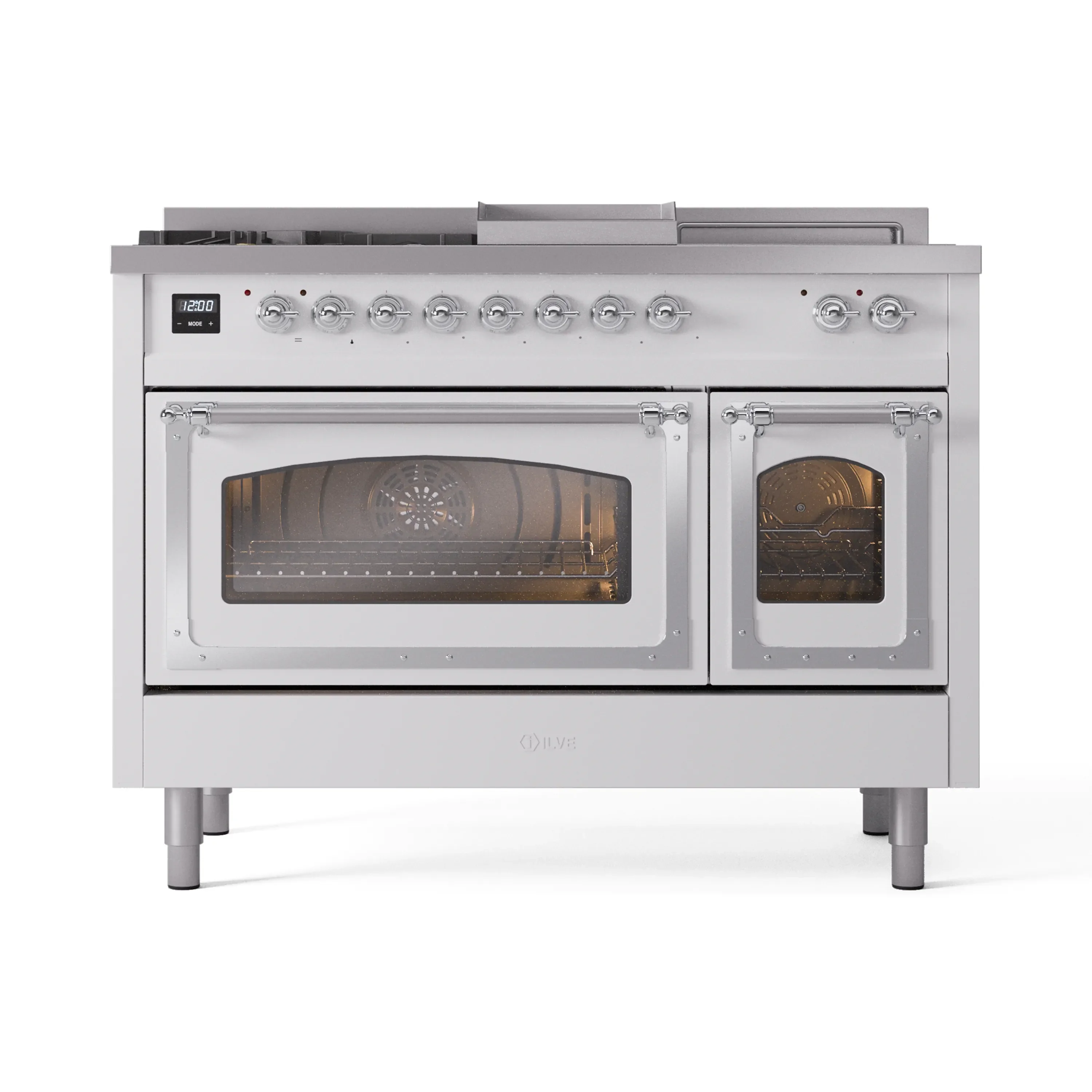 ILVE 48-Inch Nostalgie II Noblesse Natural Gas Dual Fuel Range with 5 Sealed Burners, Griddle, French Top and Triple Glass Door Oven in White with Chrome Trim (UN48FSNMPWHC) - Image 2