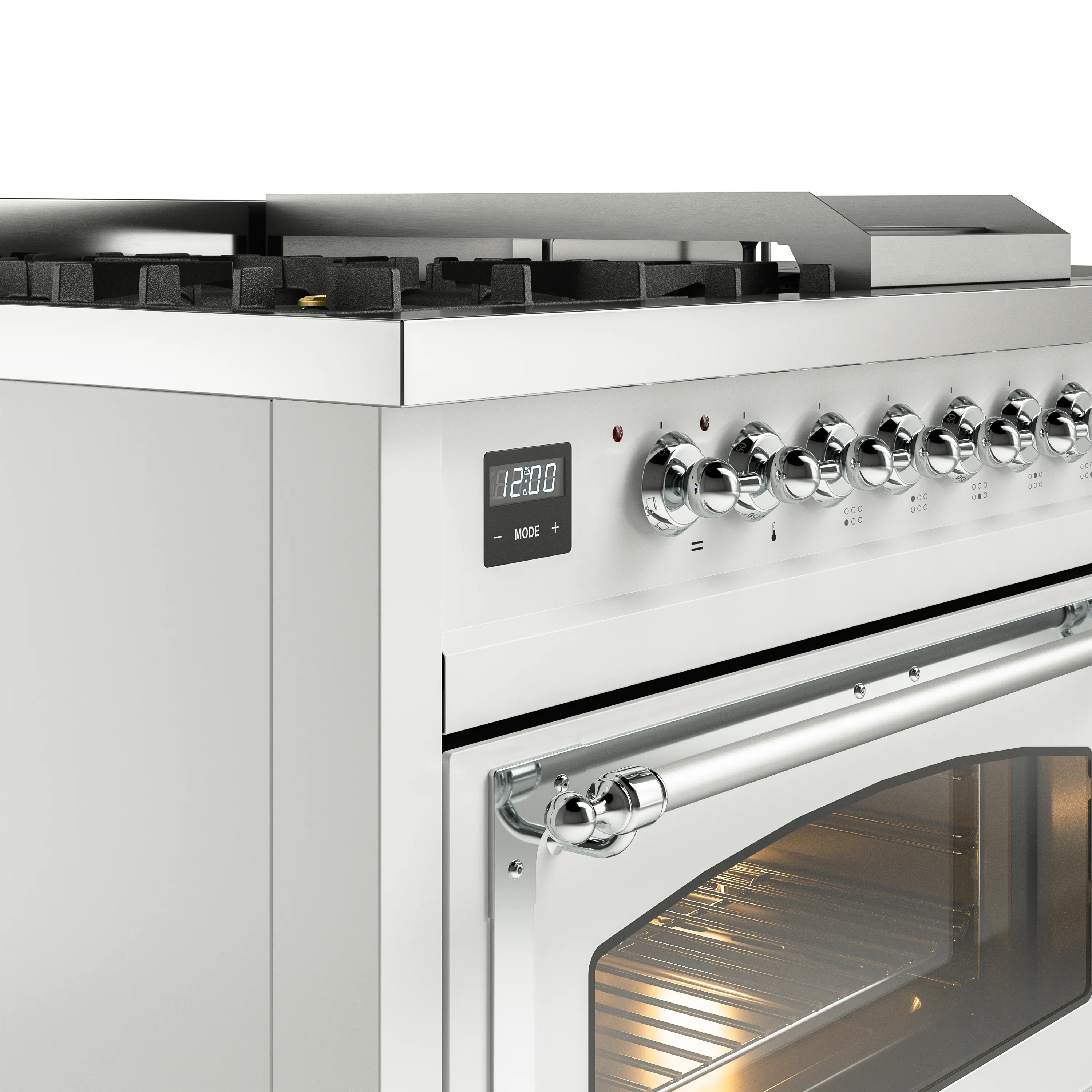 ILVE 48-Inch Nostalgie II Noblesse Natural Gas Dual Fuel Range with 5 Sealed Burners, Griddle, French Top and Triple Glass Door Oven in White with Chrome Trim (UN48FSNMPWHC) - Image 3