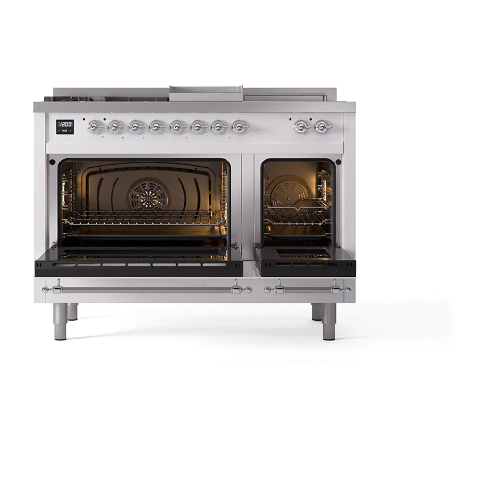 ILVE 48-Inch Nostalgie II Noblesse Natural Gas Dual Fuel Range with 5 Sealed Burners, Griddle, French Top and Triple Glass Door Oven in White with Chrome Trim (UN48FSNMPWHC) - Image 5