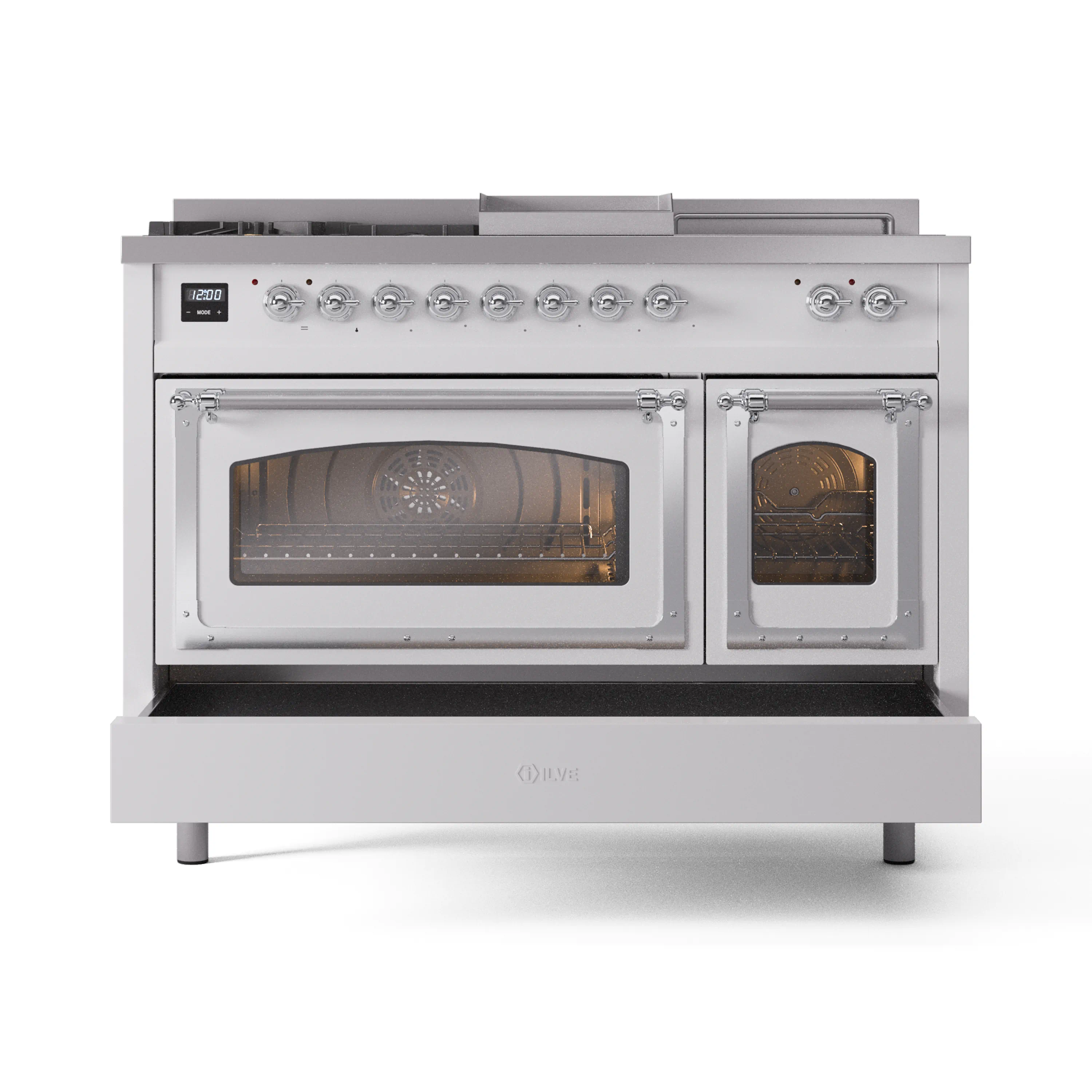 ILVE 48-Inch Nostalgie II Noblesse Natural Gas Dual Fuel Range with 5 Sealed Burners, Griddle, French Top and Triple Glass Door Oven in White with Chrome Trim (UN48FSNMPWHC) - Image 6