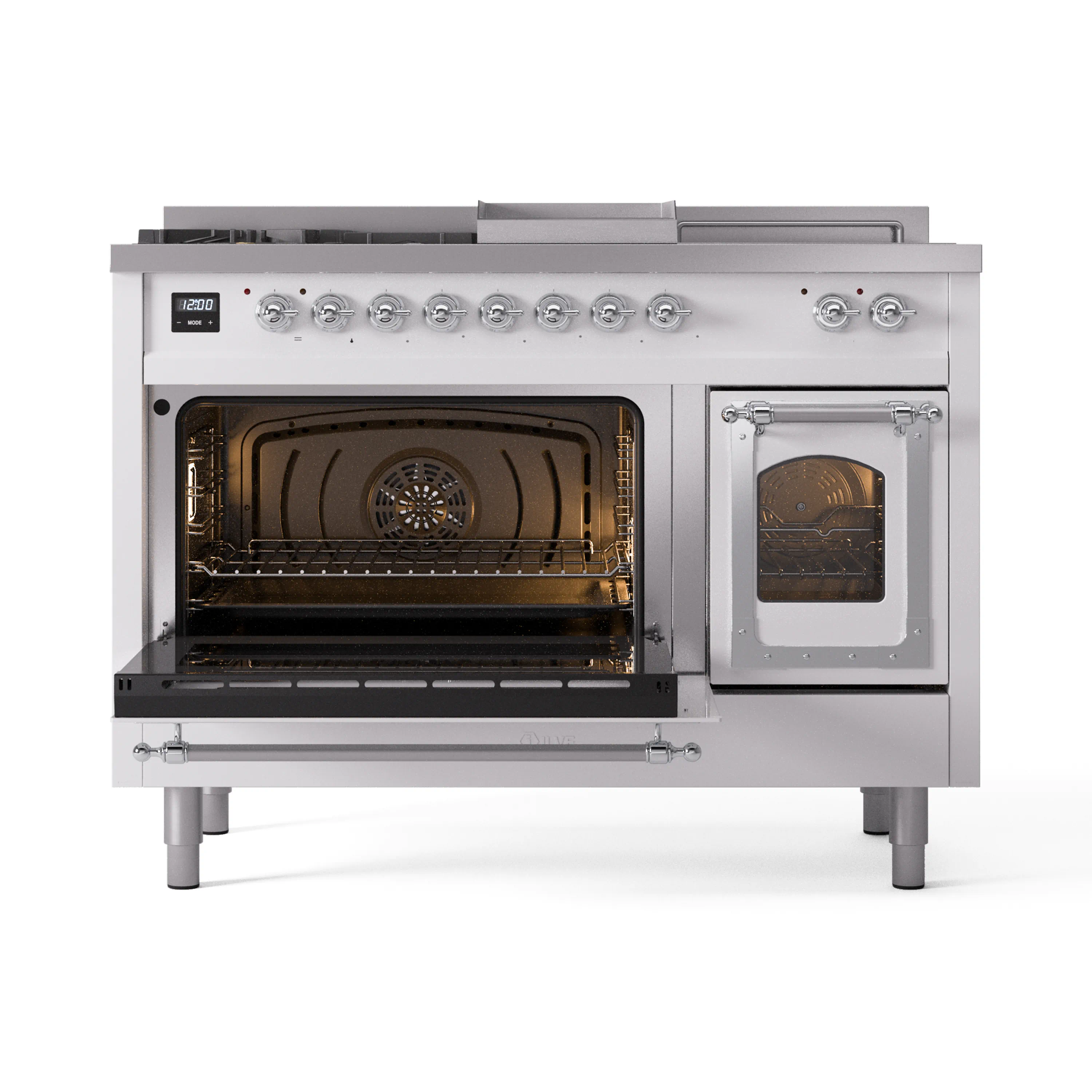 ILVE 48-Inch Nostalgie II Noblesse Natural Gas Dual Fuel Range with 5 Sealed Burners, Griddle, French Top and Triple Glass Door Oven in White with Chrome Trim (UN48FSNMPWHC) - Image 8