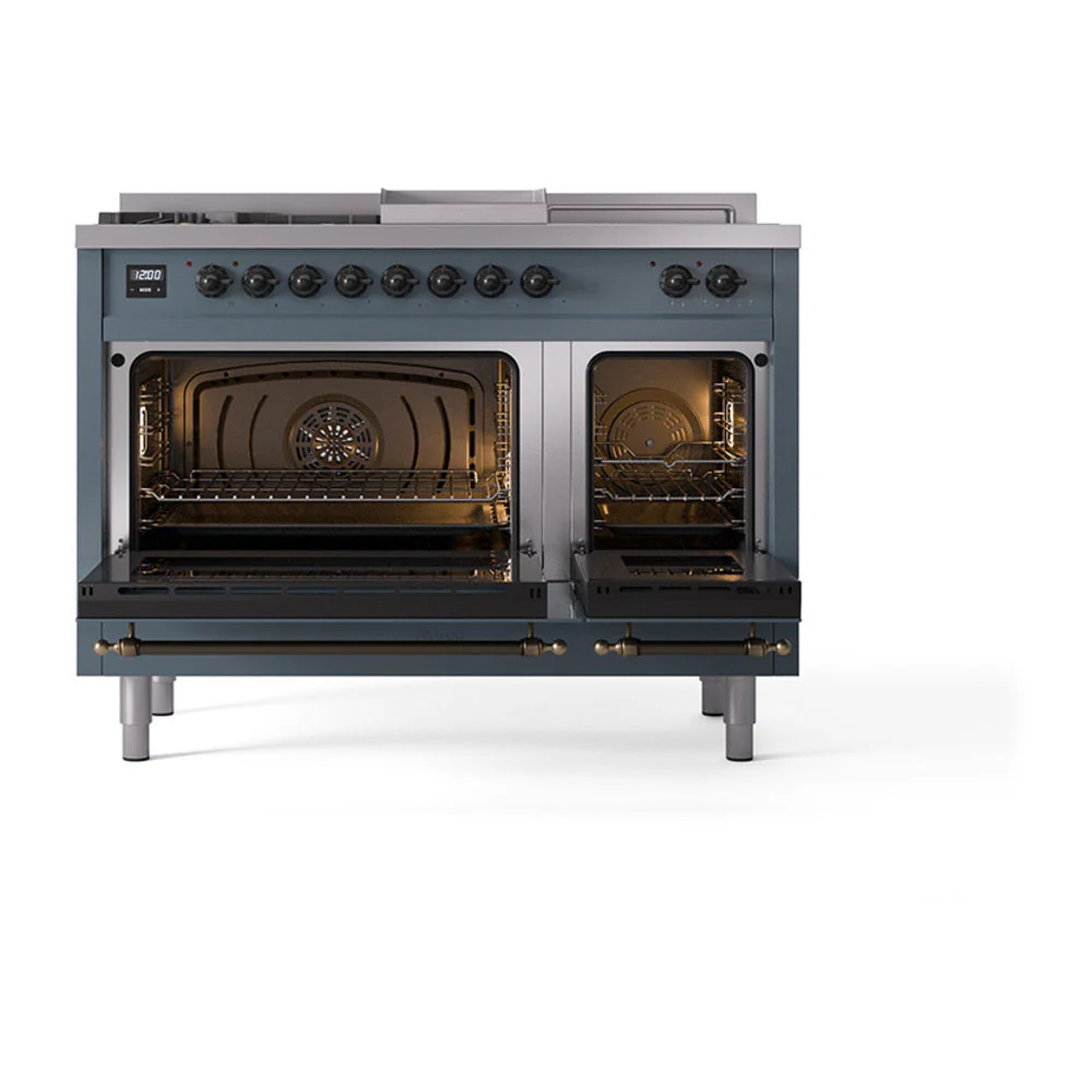 ILVE 48-Inch Nostalgie II Noblesse Propane Gas Dual Fuel Range with 5 Sealed Burners, Griddle, French Top and Solid Door Oven in Blue Grey with Bronze Trim (UN48FSQNMPBGBLP) - Image 2