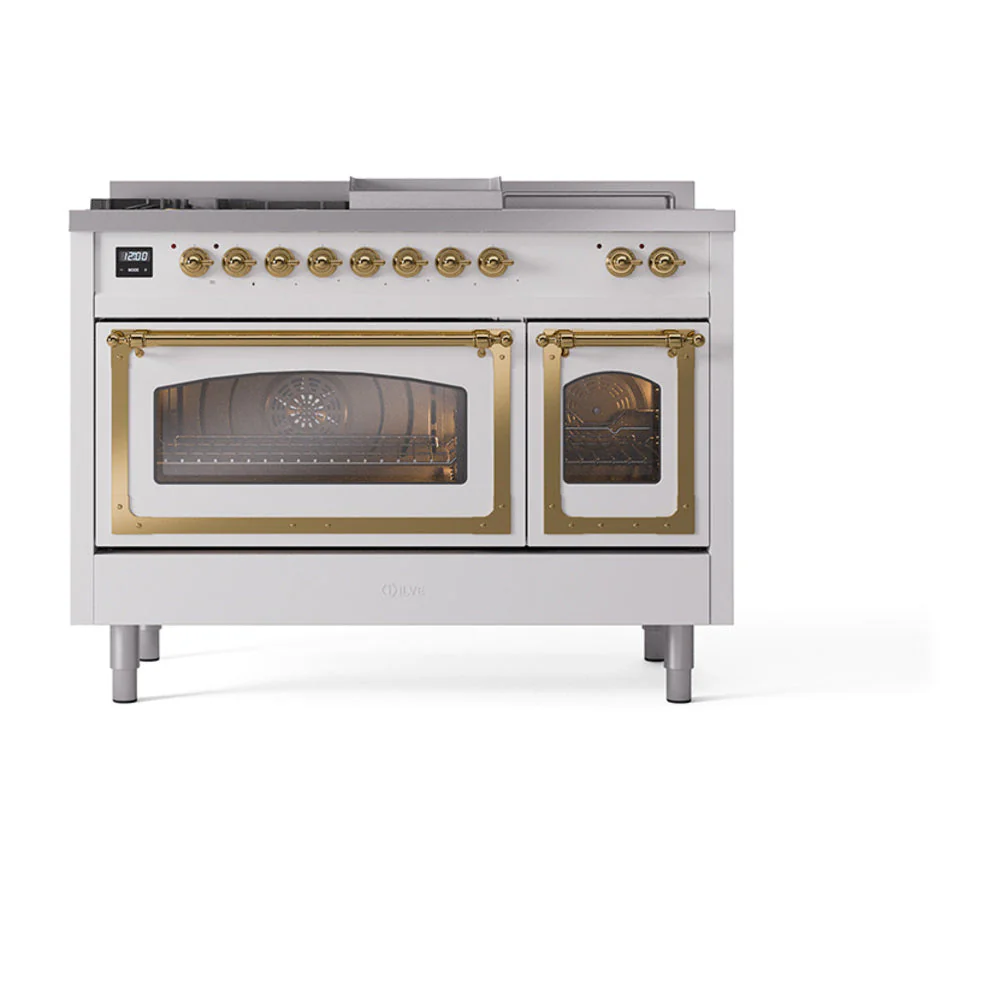 ILVE 48-Inch Nostalgie II Noblesse Propane Gas Dual Fuel Range with 5 Sealed Burners, Griddle, French Top and Triple Glass Door Oven in RAL with Brass Trim (UN48FSNMPRAGLP) - Image 2