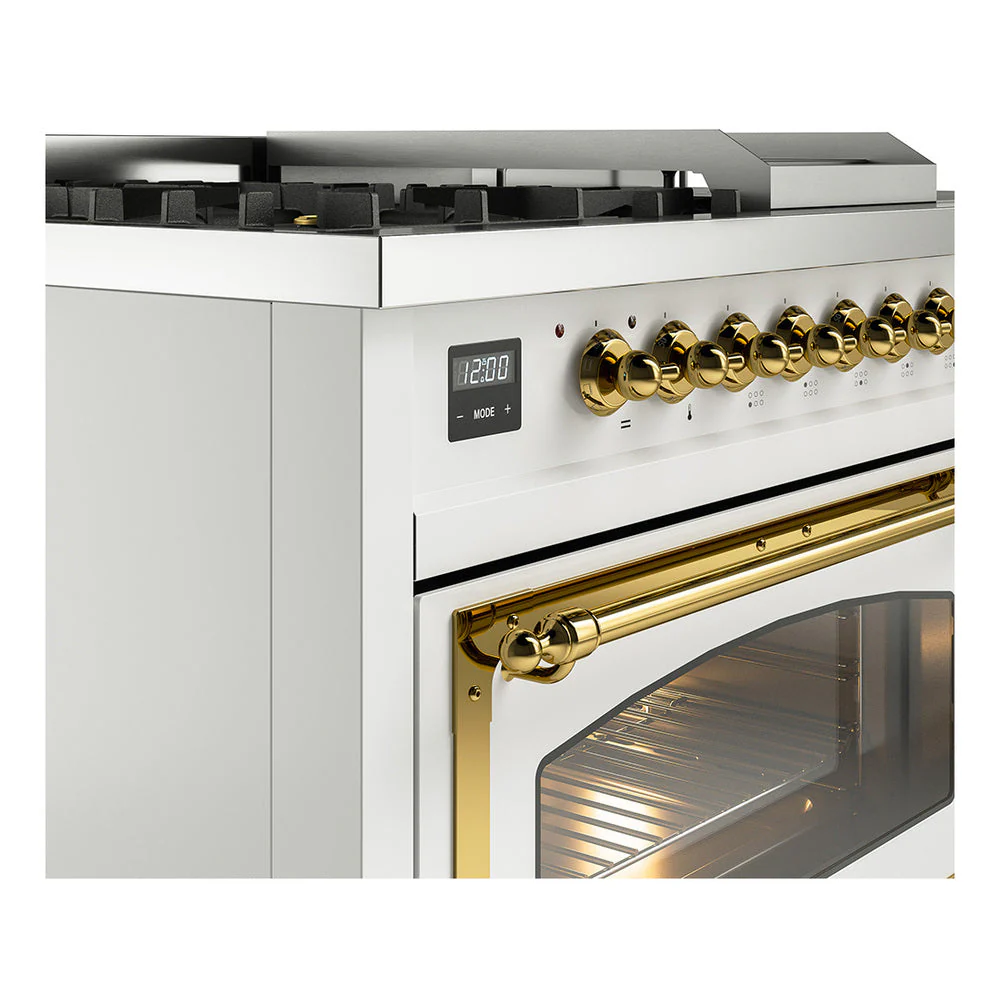 ILVE 48-Inch Nostalgie II Noblesse Propane Gas Dual Fuel Range with 5 Sealed Burners, Griddle, French Top and Triple Glass Door Oven in RAL with Brass Trim (UN48FSNMPRAGLP) - Image 3