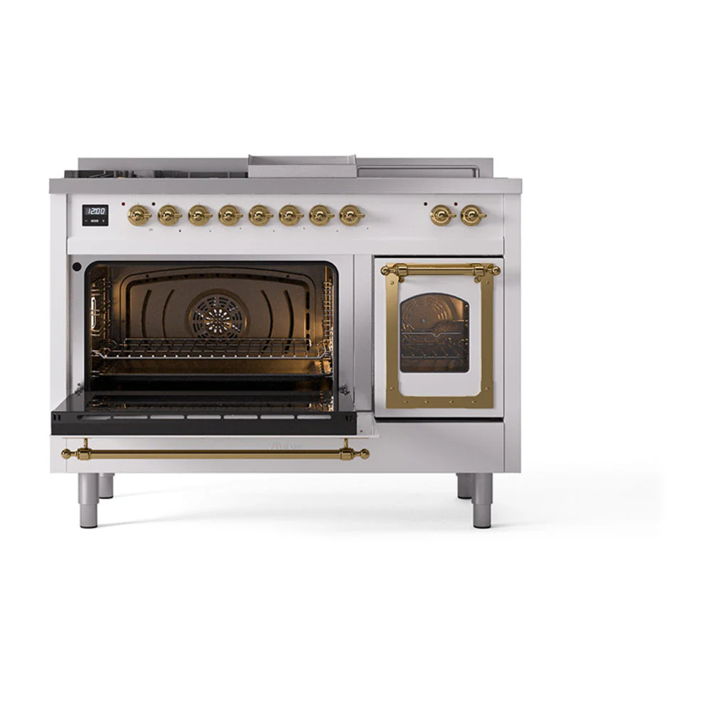 ILVE 48-Inch Nostalgie II Noblesse Propane Gas Dual Fuel Range with 5 Sealed Burners, Griddle, French Top and Triple Glass Door Oven in RAL with Brass Trim (UN48FSNMPRAGLP) - Image 6