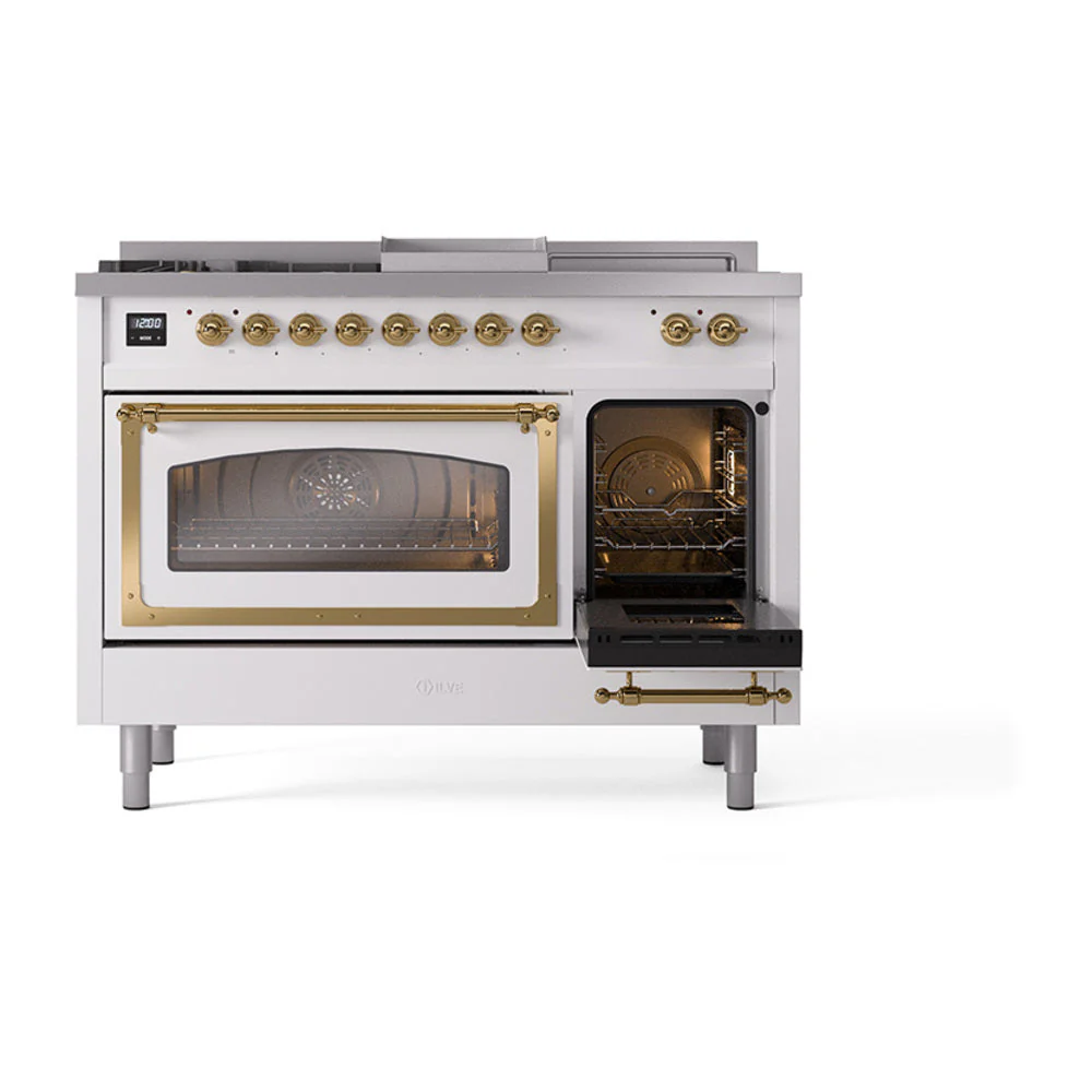 ILVE 48-Inch Nostalgie II Noblesse Propane Gas Dual Fuel Range with 5 Sealed Burners, Griddle, French Top and Triple Glass Door Oven in RAL with Brass Trim (UN48FSNMPRAGLP) - Image 7