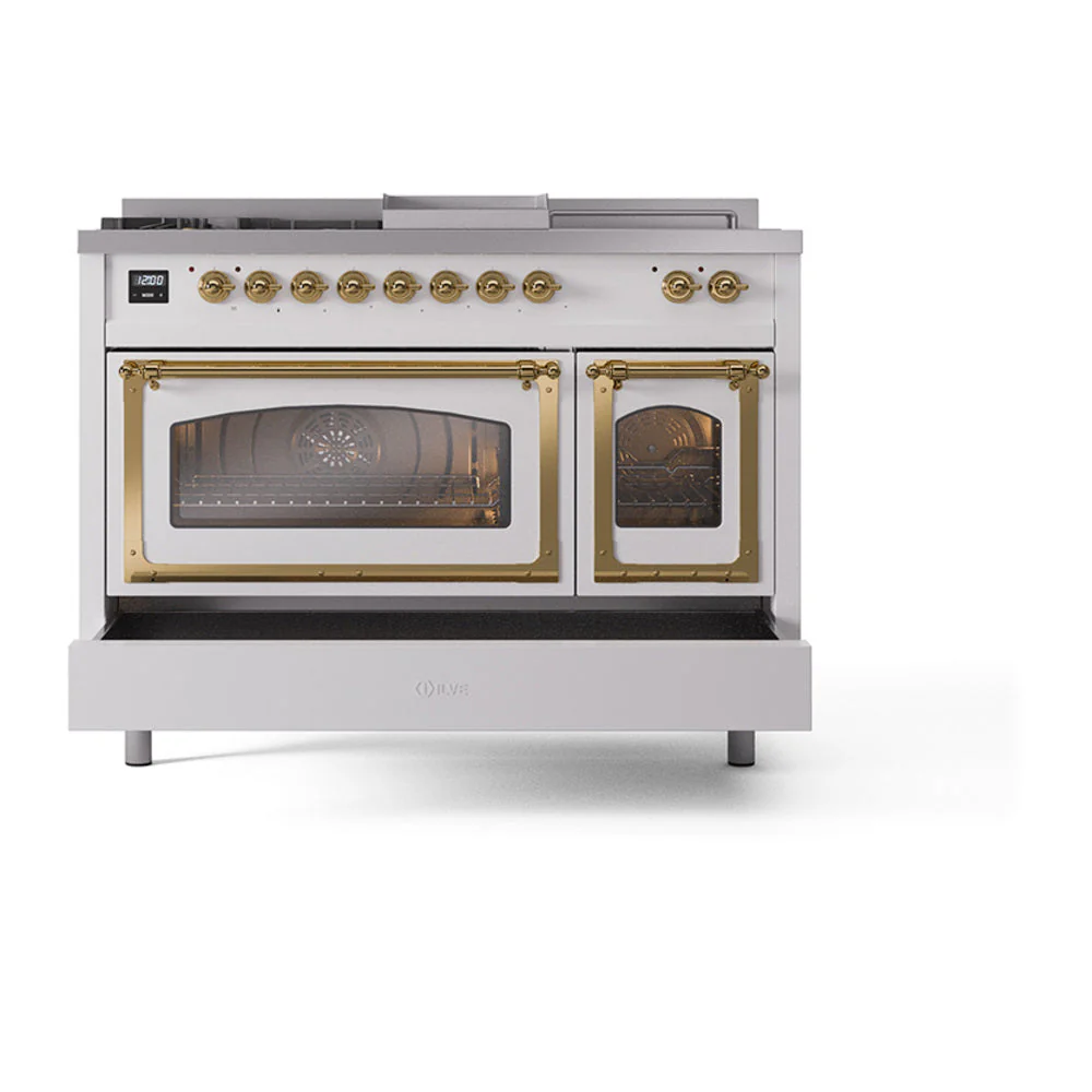 ILVE 48-Inch Nostalgie II Noblesse Propane Gas Dual Fuel Range with 5 Sealed Burners, Griddle, French Top and Triple Glass Door Oven in RAL with Brass Trim (UN48FSNMPRAGLP) - Image 8