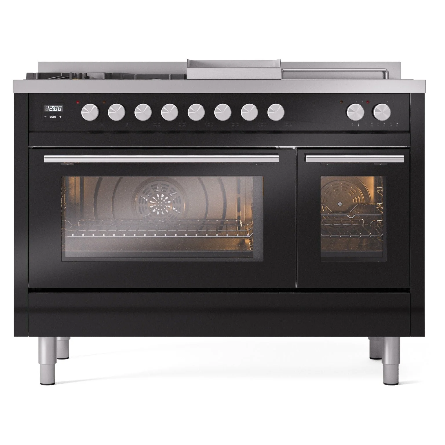 ILVE 48-inch Professional Plus II Natural Gas Dual Fuel Range with 5 Burners, Griddle, French Top, and Triple Glass Door Oven in Glossy Black (UP48FSWMPBK) - Image 2