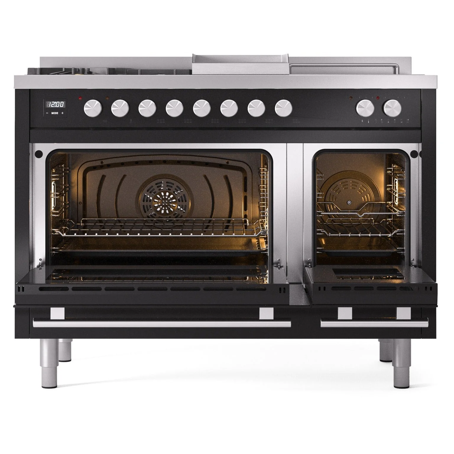 ILVE 48-inch Professional Plus II Natural Gas Dual Fuel Range with 5 Burners, Griddle, French Top, and Triple Glass Door Oven in Glossy Black (UP48FSWMPBK) - Image 5