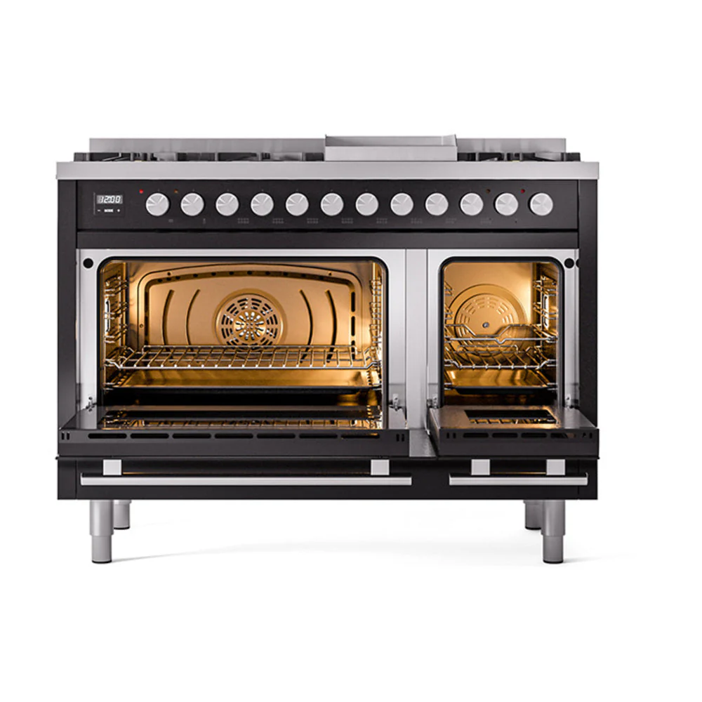 ILVE 48-Inch Professional Plus II Natural Gas Dual Fuel Range with 8 Burners, Griddle, and Solid Door Oven in Glossy Black (UP48FQMPBK) - Image 2