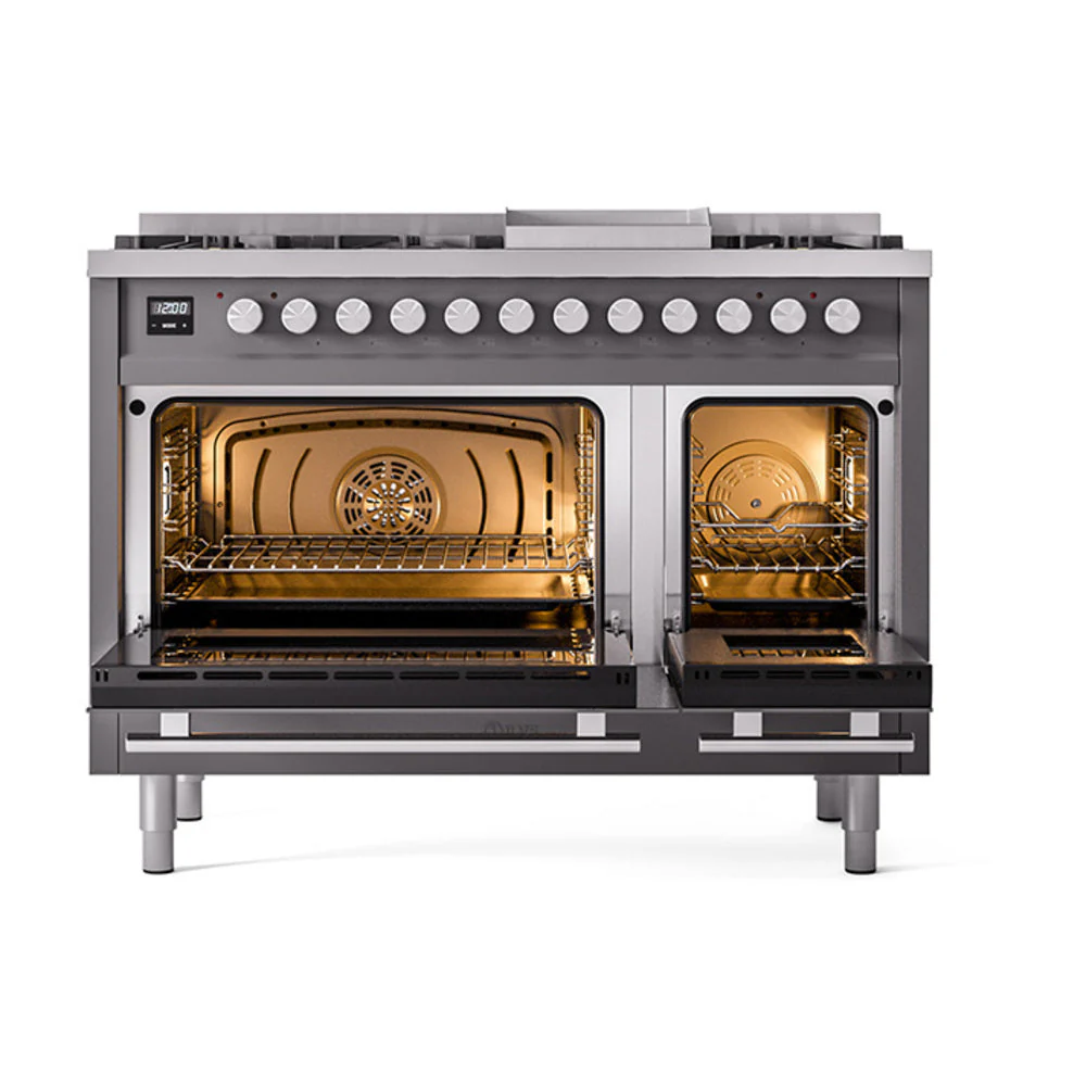 ILVE 48-Inch Professional Plus II Natural Gas Dual Fuel Range with 8 Burners, Griddle, and Solid Door Oven in Matte Graphite (UP48FQMPMG) - Image 2