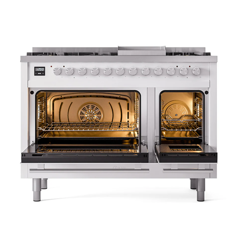 ILVE 48-inch Professional Plus II Natural Gas Dual Fuel Range with 8 Burners, Griddle, and Solid Door Oven in White (UP48FQMPWH) - Image 2