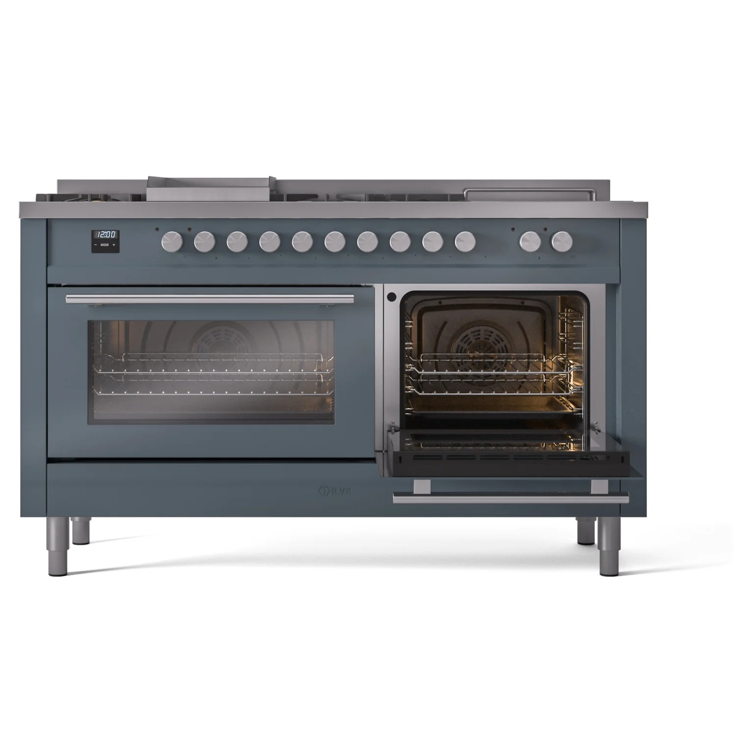 ILVE Professional Plus II 60-Inch Propane Gas Dual Fuel Range with 7 Burners, Griddle, & French Top with Triple Glass Door Oven in Blue Grey (UP60FSWMPBGLP) - Image 6