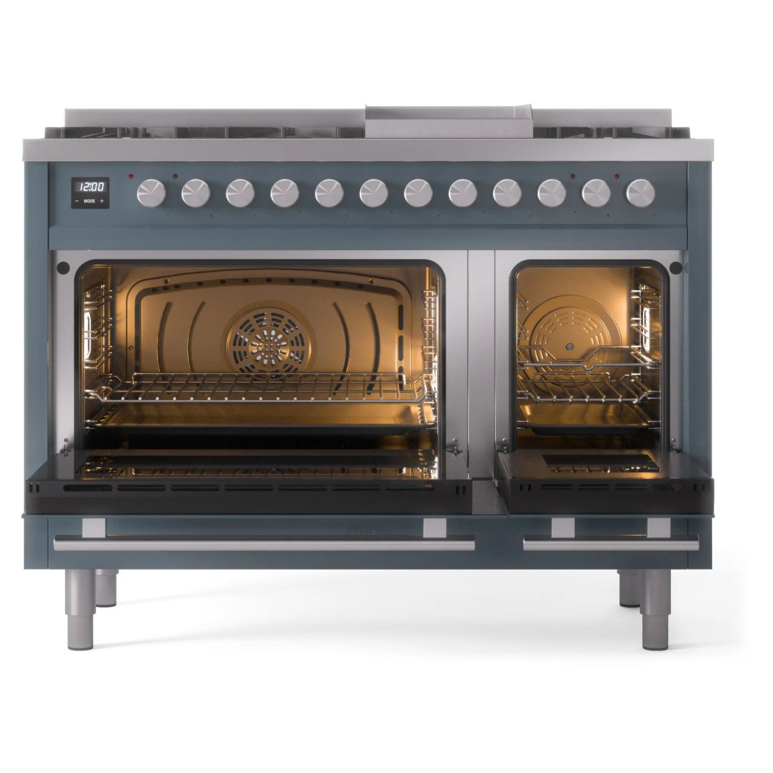 ILVE 48-Inch Professional Plus II Freestanding Propane Gas Dual Fuel Range with 8 Sealed Burner in Blue Grey (UP48FWMPBGLP) - Image 4