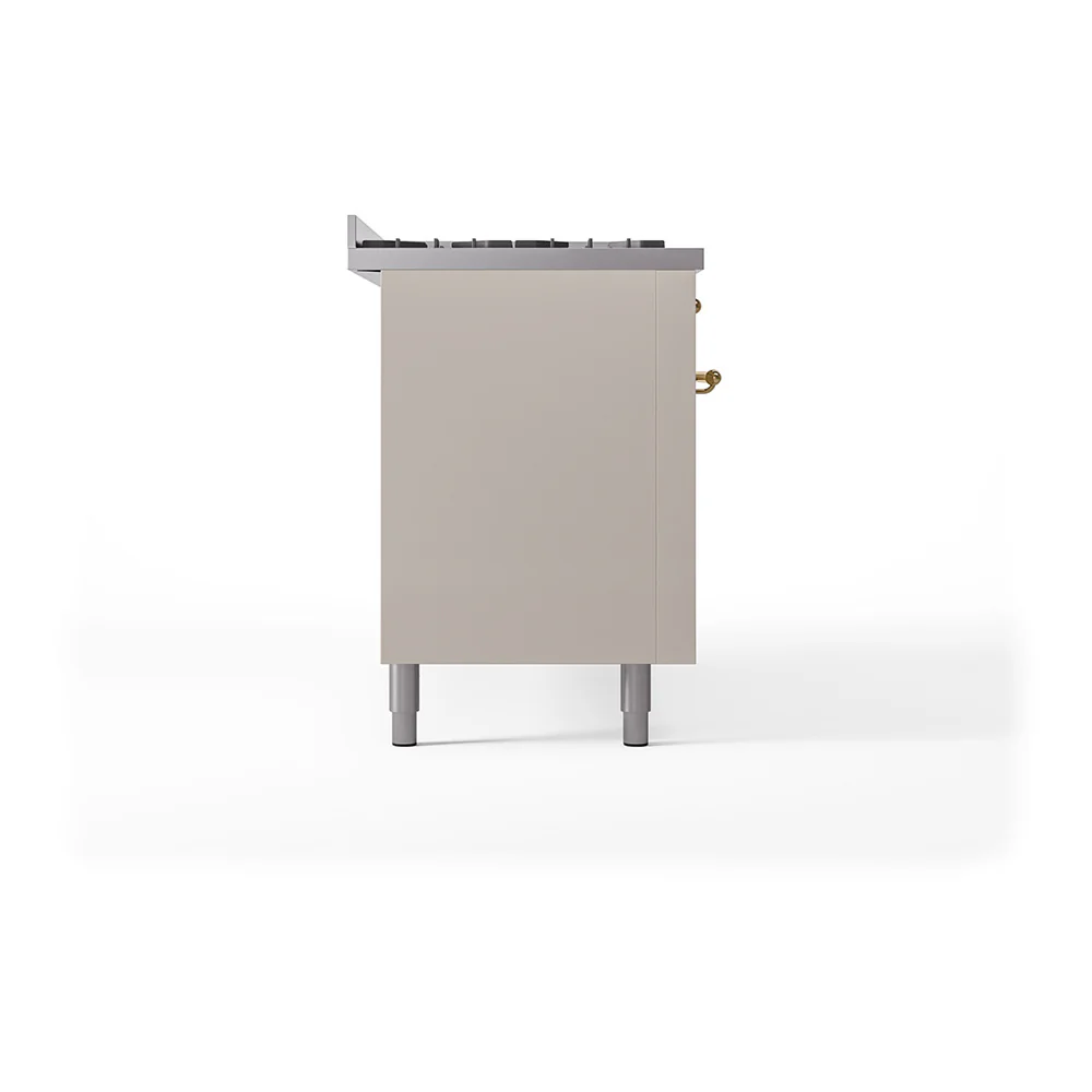 ILVE 60-Inch Nostalgie II Natural Gas Dual Fuel Range with 9 Burners, Griddle and Solid Door Oven in Antique White with Brass Trim (UP60FQNMPAWG) - Image 4