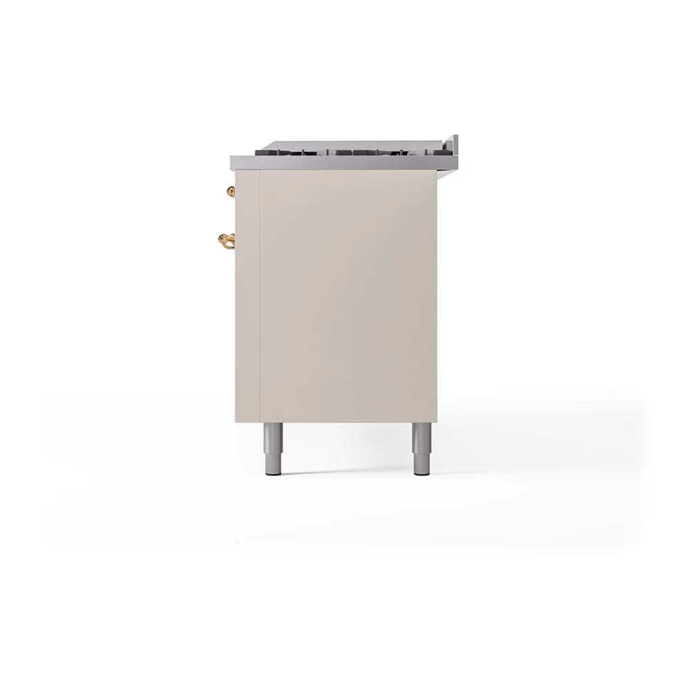 ILVE 60-Inch Nostalgie II Natural Gas Dual Fuel Range with 9 Burners, Griddle and Solid Door Oven in Antique White with Brass Trim (UP60FQNMPAWG) - Image 5