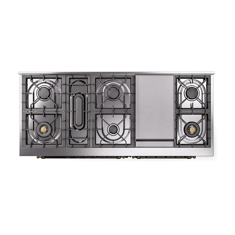 ILVE 60-Inch Nostalgie II Natural Gas Dual Fuel Range with 9 Burners, Griddle and Solid Door Oven in Antique White with Bronze Trim (UP60FQNMPAWB) - Image 3