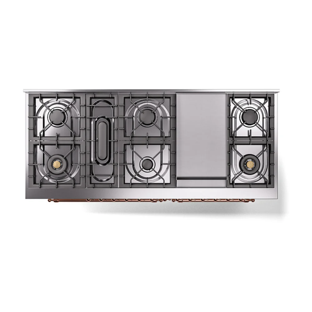 ILVE 60-Inch Nostalgie II Natural Gas Dual Fuel Range with 9 Burners, Griddle and Solid Door Oven in Antique White with Copper Trim (UP60FQNMPAWP) - Image 3