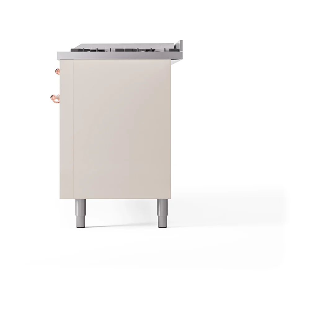 ILVE 60-Inch Nostalgie II Natural Gas Dual Fuel Range with 9 Burners, Griddle and Solid Door Oven in Antique White with Copper Trim (UP60FQNMPAWP) - Image 5