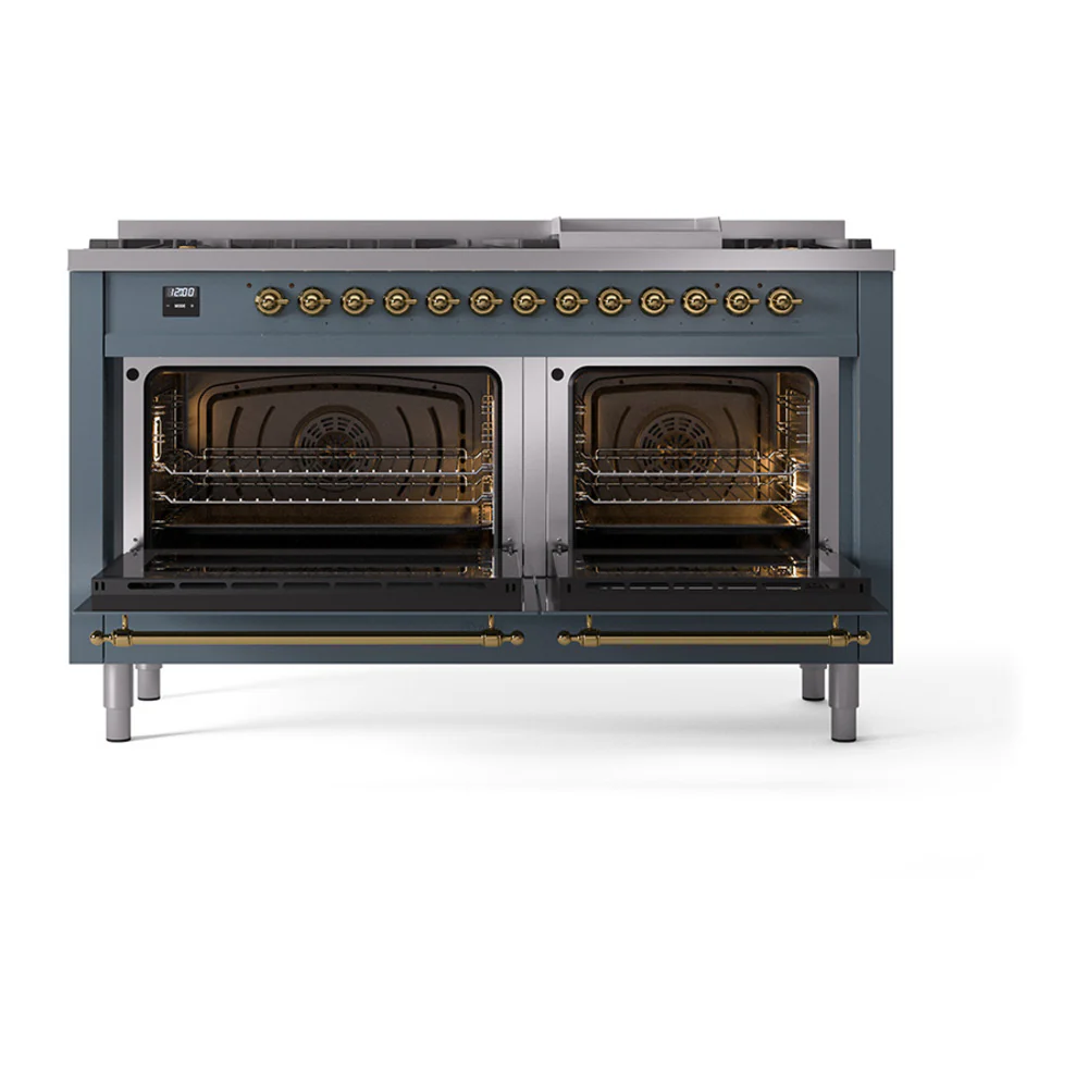 ILVE 60-Inch Nostalgie II Natural Gas Dual Fuel Range with 9 Burners, Griddle and Solid Door Oven in Blue Grey with Brass Trim (UP60FQNMPBGG) - Image 2