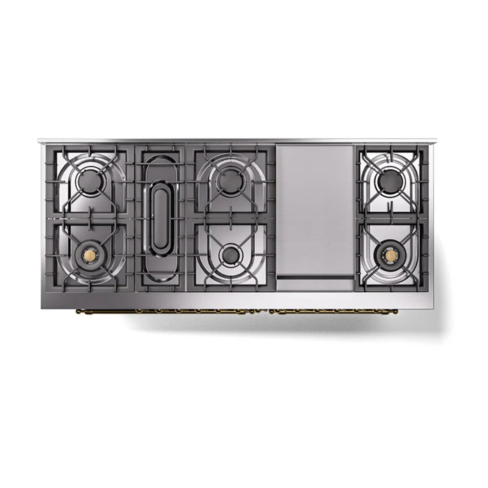 ILVE 60-Inch Nostalgie II Natural Gas Dual Fuel Range with 9 Burners, Griddle and Solid Door Oven in Blue Grey with Brass Trim (UP60FQNMPBGG) - Image 3