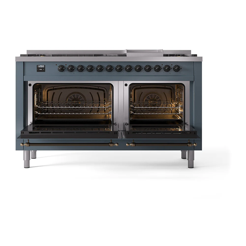 ILVE 60-Inch Nostalgie II Natural Gas Dual Fuel Range with 9 Burners, Griddle and Solid Door Oven in Blue Grey with Bronze Trim (UP60FQNMPBGB) - Image 2