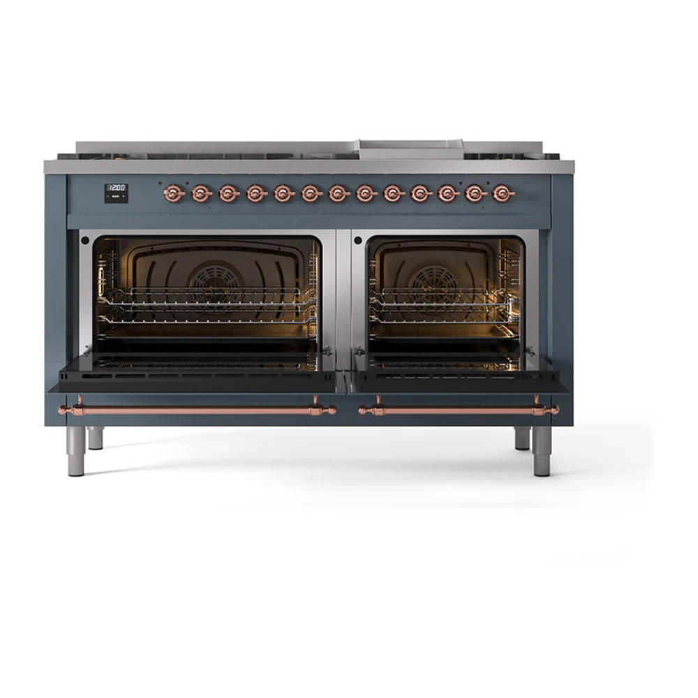 ILVE 60-Inch Nostalgie II Natural Gas Dual Fuel Range with 9 Burners, Griddle and Solid Door Oven in Blue Grey with Copper Trim (UP60FQNMPBGP) - Image 2