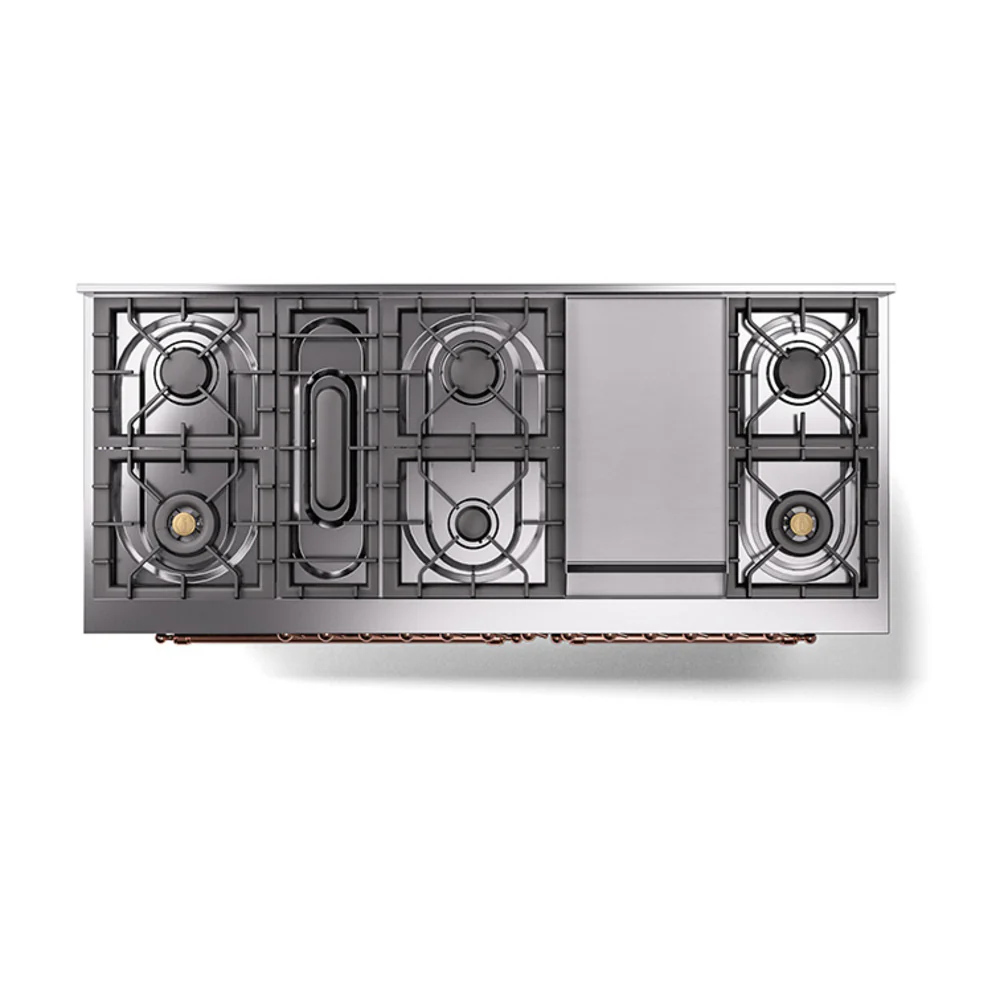 ILVE 60-Inch Nostalgie II Natural Gas Dual Fuel Range with 9 Burners, Griddle and Solid Door Oven in Blue Grey with Copper Trim (UP60FQNMPBGP) - Image 3