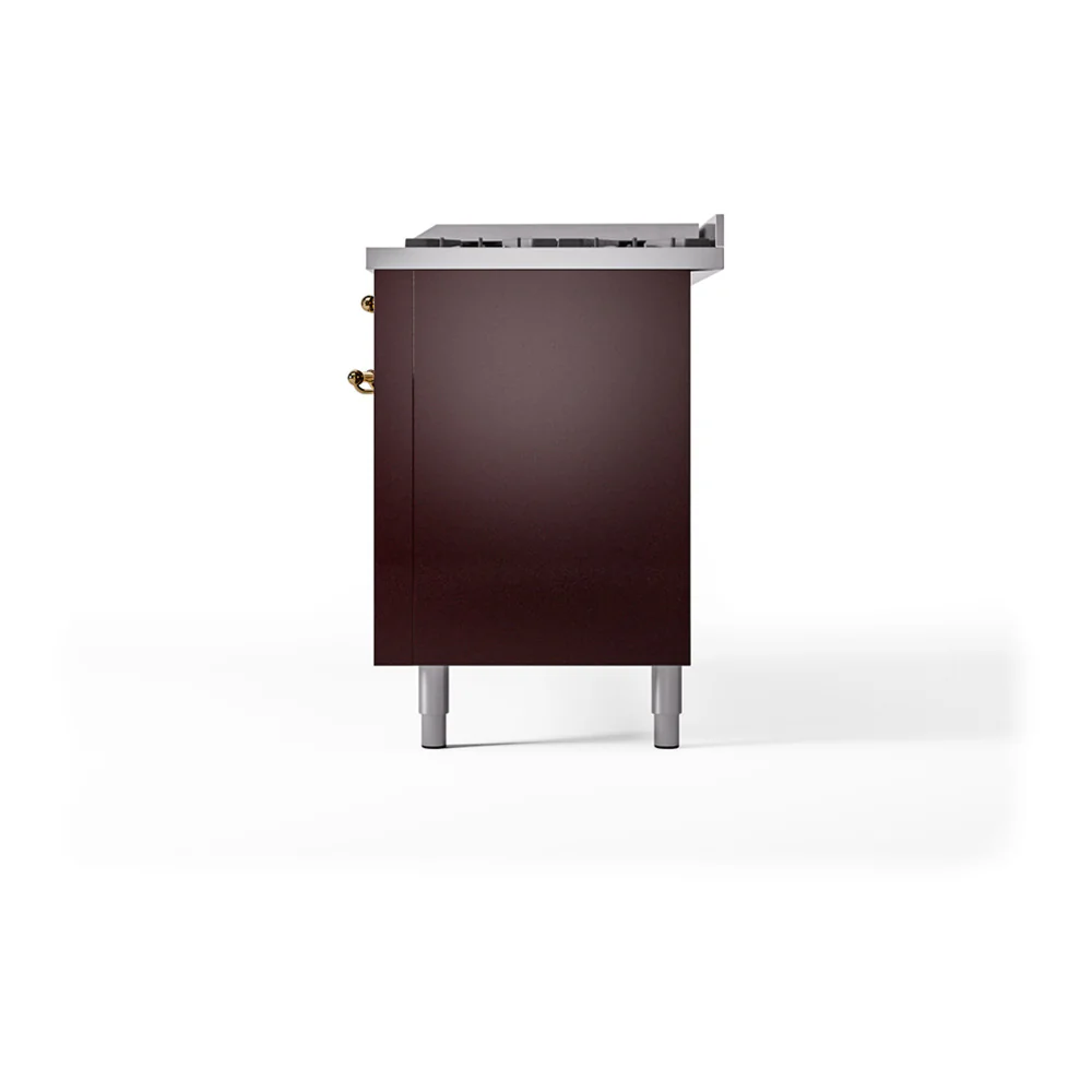 ILVE 60-Inch Nostalgie II Natural Gas Dual Fuel Range with 9 Burners, Griddle and Solid Door Oven in Burgundy with Brass Trim (UP60FQNMPBUG) - Image 5