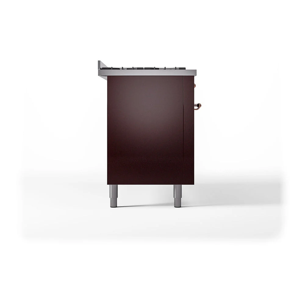 ILVE 60-Inch Nostalgie II Natural Gas Dual Fuel Range with 9 Burners, Griddle and Solid Door Oven in Burgundy with Copper Trim (UP60FQNMPBUP) - Image 4