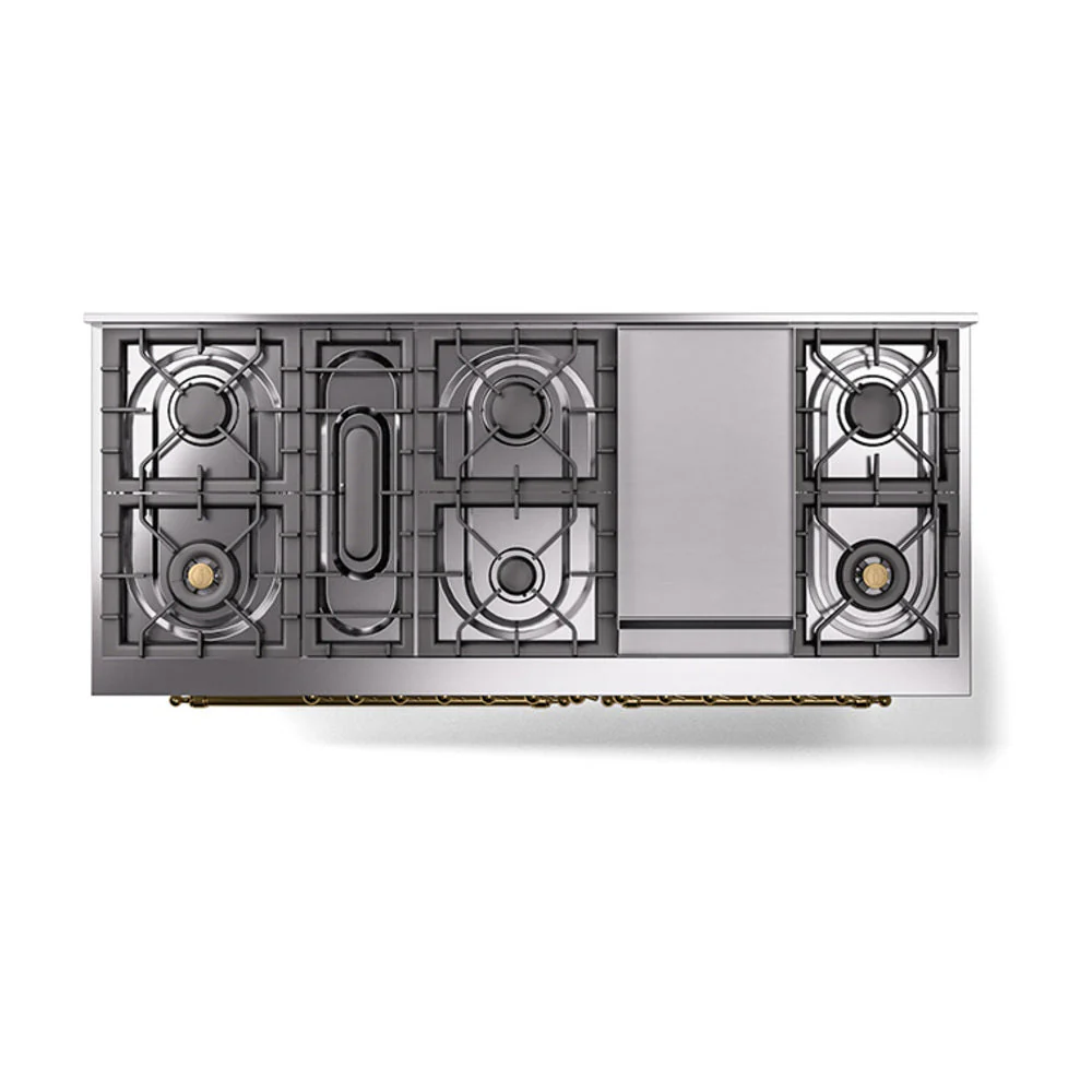 ILVE 60-Inch Nostalgie II Natural Gas Dual Fuel Range with 9 Burners, Griddle, and Solid Door Oven in Custom RAL in Brass Trim (UP60FQNMPRAG) - Image 3