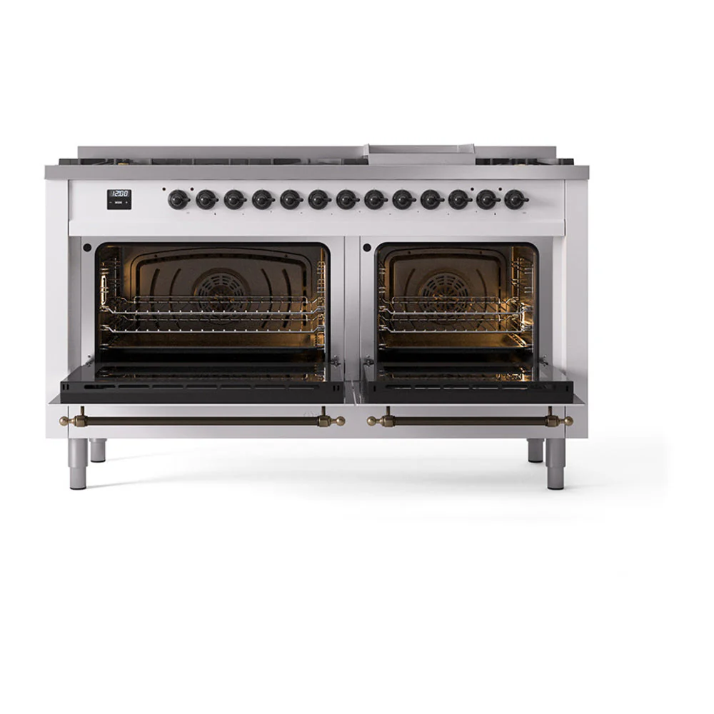 ILVE 60-Inch Nostalgie II Natural Gas Dual Fuel Range with 9 Burners, Griddle, and Solid Door Oven in Custom RAL in Bronze Trim (UP60FQNMPRAB) - Image 2