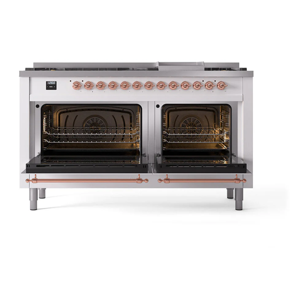 ILVE 60-Inch Nostalgie II Natural Gas Dual Fuel Range with 9 Burners, Griddle, and Solid Door Oven in Custom RAL with Copper Trim (UP60FQNMPRAP) - Image 3