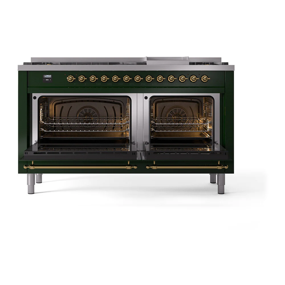 ILVE 60-Inch Nostalgie II Natural Gas Dual Fuel Range with 9 Burners, Griddle, and Solid Door Oven in Emerald Green with Brass Trim (UP60FQNMPEGG) - Image 2