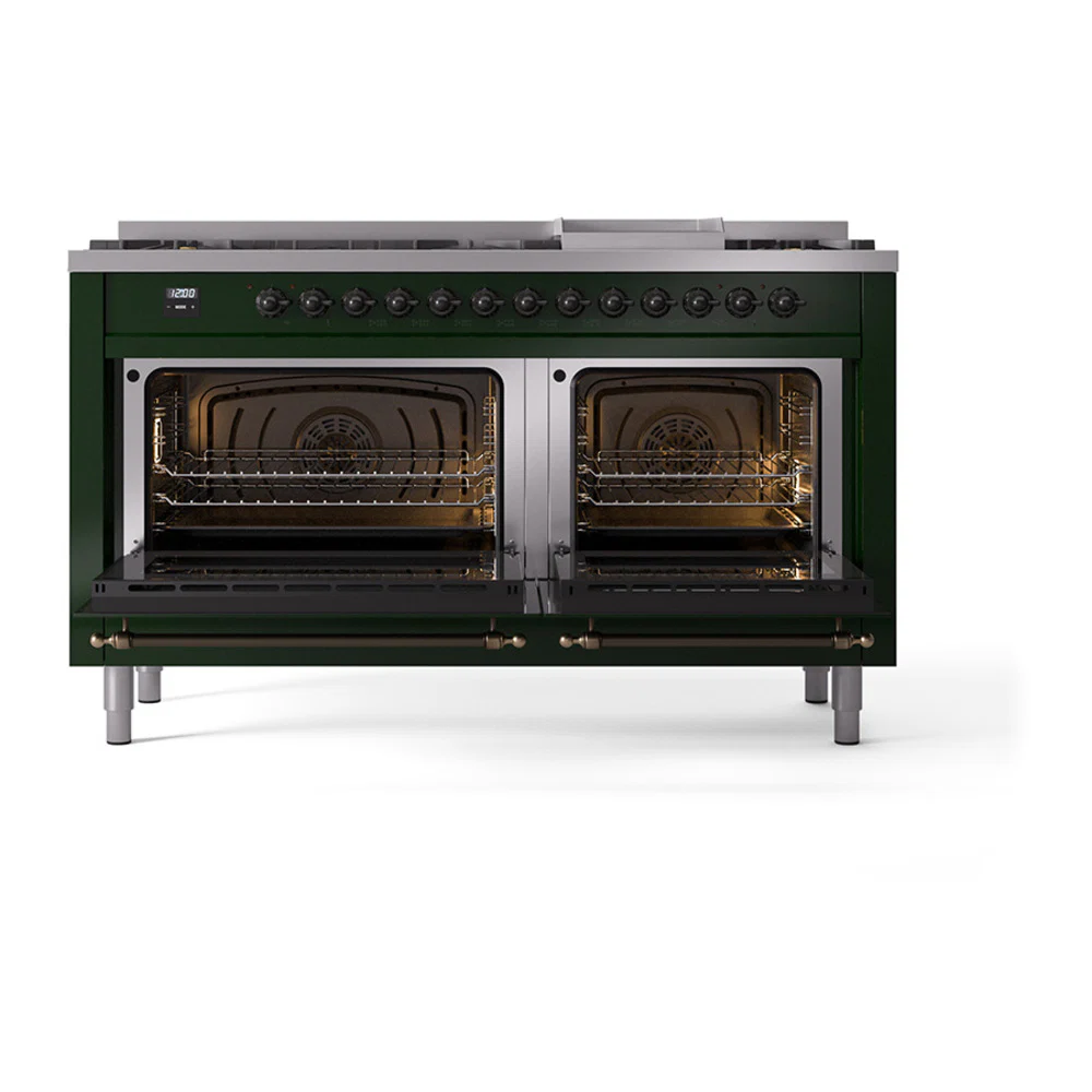 ILVE 60-Inch Nostalgie II Natural Gas Dual Fuel Range with 9 Burners, Griddle and Solid Door Oven in Emerald Green with Bronze Trim (UP60FQNMPEGB) - Image 3