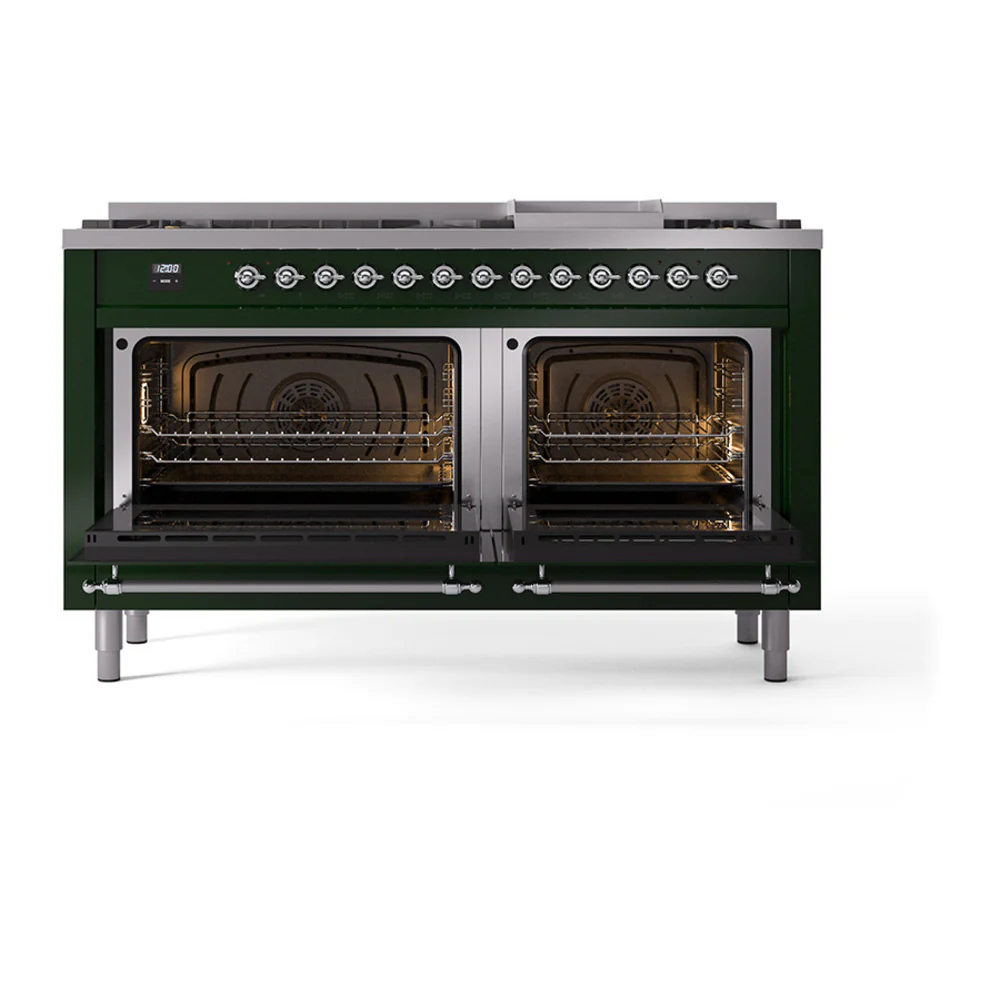 ILVE 60-Inch Nostalgie II Natural Gas Dual Fuel Range with 9 Burners, Griddle, and Solid Door Oven in Emerald Green with Chrome Trim (UP60FQNMPEGC) - Image 2