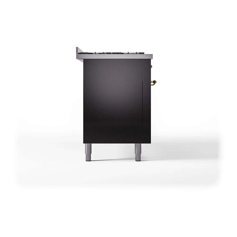 ILVE 60-Inch Nostalgie II Natural Gas Dual Fuel Range with 9 Burners, Griddle and Solid Door Oven in Glossy Black with Brass Trim (UP60FQNMPBKG) - Image 4