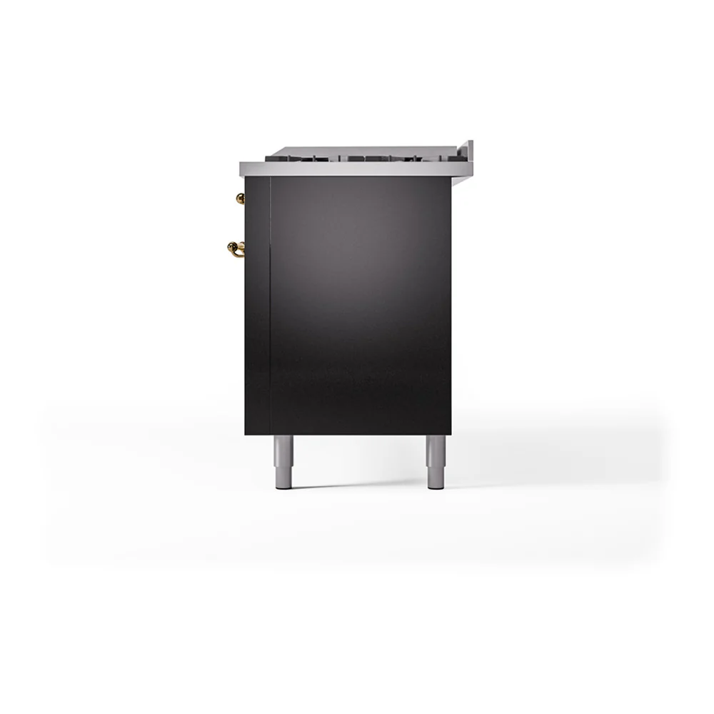 ILVE 60-Inch Nostalgie II Natural Gas Dual Fuel Range with 9 Burners, Griddle and Solid Door Oven in Glossy Black with Brass Trim (UP60FQNMPBKG) - Image 5