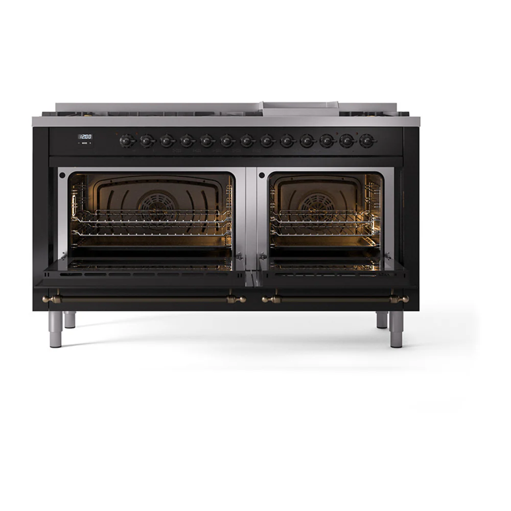 ILVE 60-Inch Nostalgie II Natural Gas Dual Fuel Range with 9 Burners, Griddle and Solid Door Oven in Glossy Black with Bronze Trim (UP60FQNMPBKB) - Image 2