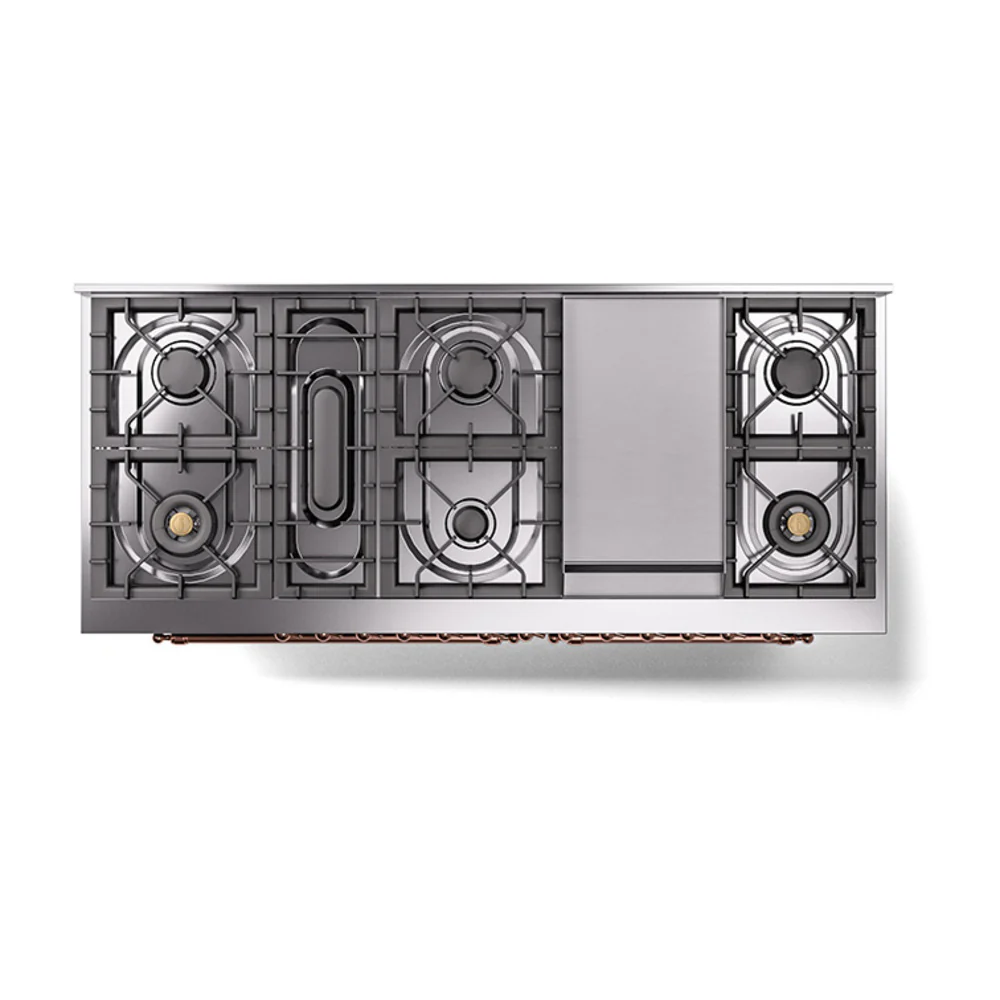 ILVE 60-Inch Nostalgie II Natural Gas Dual Fuel Range with 9 Burners, Griddle and Solid Door Oven in Glossy Black with Copper Trim (UP60FQNMPBKP) - Image 3