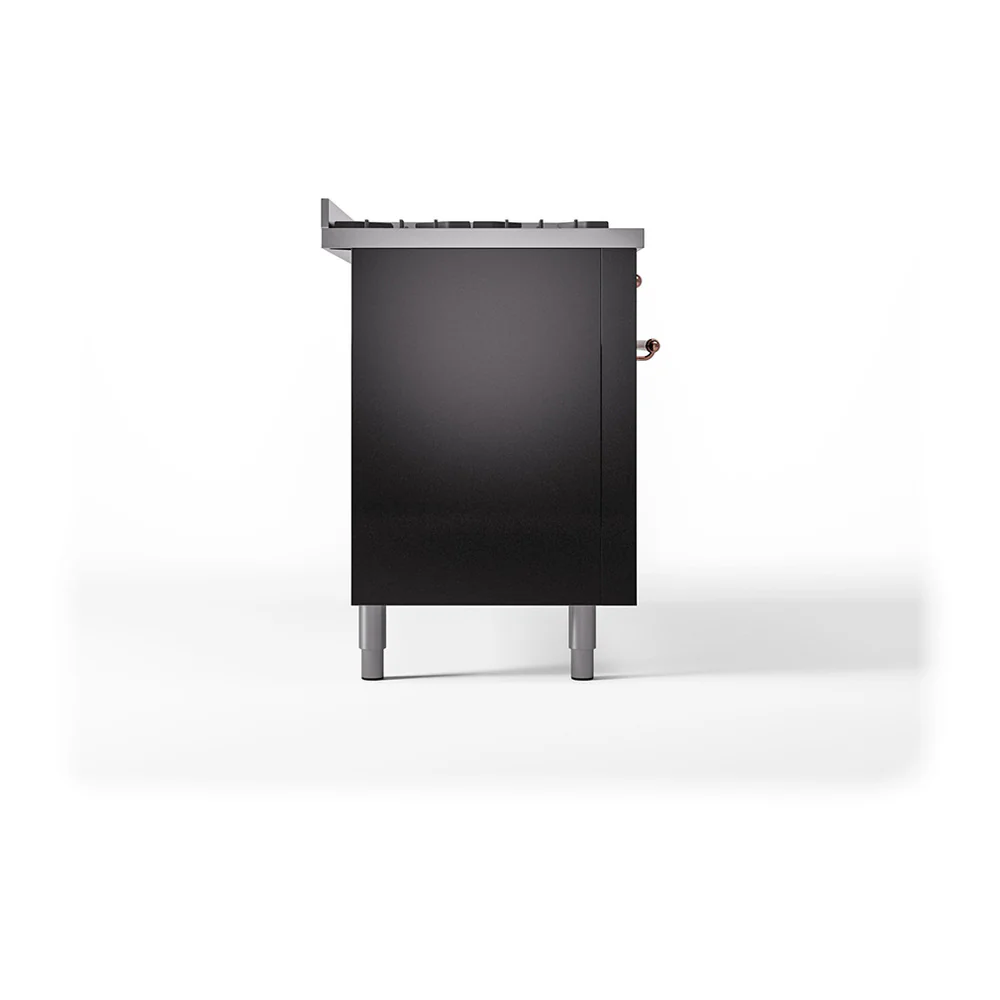 ILVE 60-Inch Nostalgie II Natural Gas Dual Fuel Range with 9 Burners, Griddle and Solid Door Oven in Glossy Black with Copper Trim (UP60FQNMPBKP) - Image 4