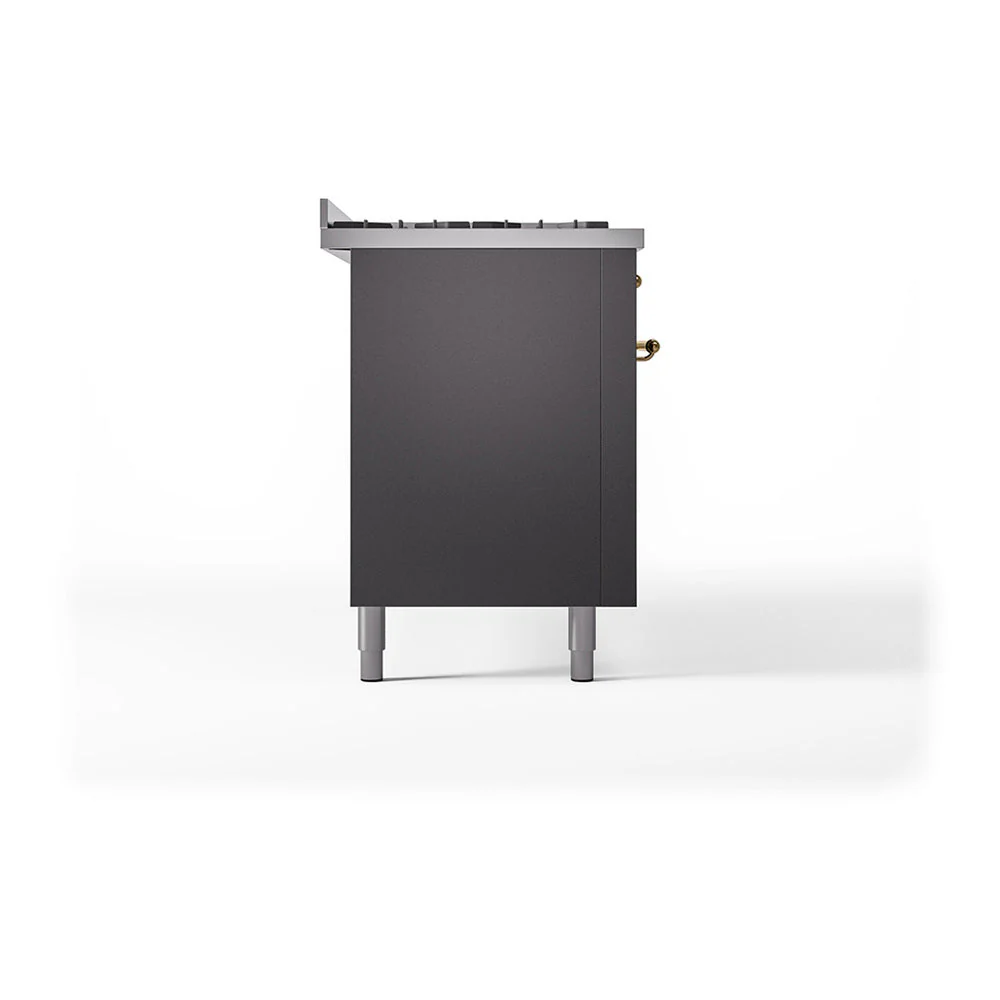 ILVE 60-Inch Nostalgie II Natural Gas Dual Fuel Range with 9 Burners, Griddle, and Solid Door Oven in Matte Graphite with Brass Trim (UP60FQNMPMGG) - Image 4