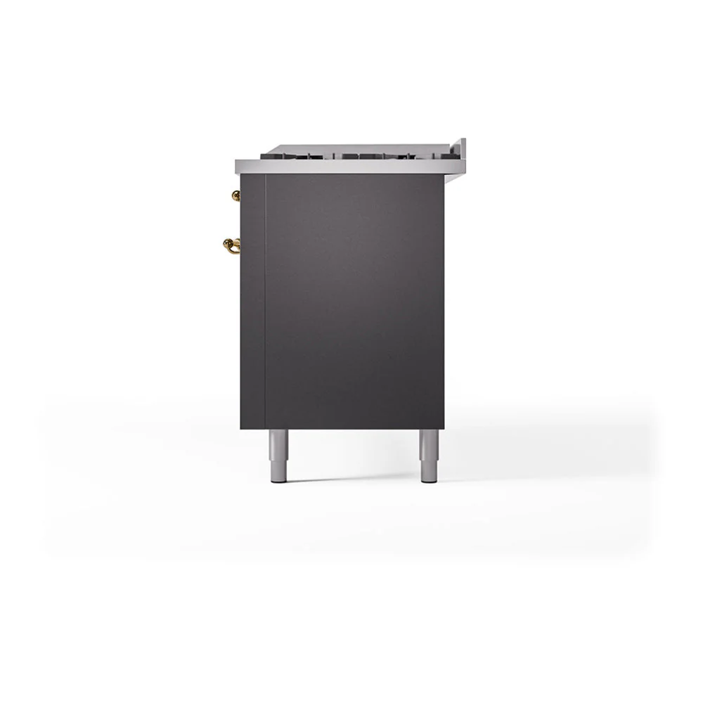 ILVE 60-Inch Nostalgie II Natural Gas Dual Fuel Range with 9 Burners, Griddle, and Solid Door Oven in Matte Graphite with Brass Trim (UP60FQNMPMGG) - Image 5
