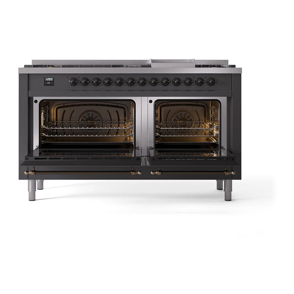 ILVE 60-Inch Nostalgie II Natural Gas Dual Fuel Range with 9 Burners, Griddle, and Solid Door Oven in Matte Graphite with Bronze Trim (UP60FQNMPMGB) - Image 2