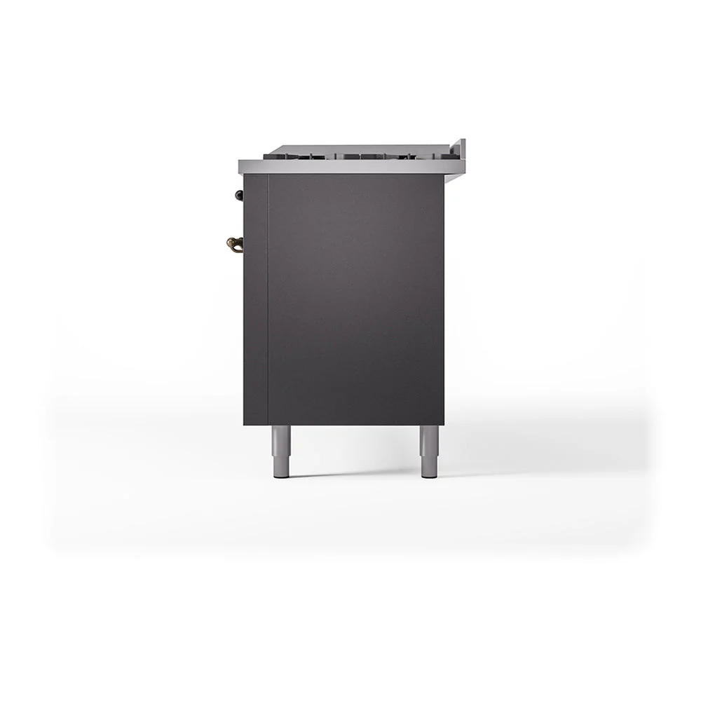 ILVE 60-Inch Nostalgie II Natural Gas Dual Fuel Range with 9 Burners, Griddle, and Solid Door Oven in Matte Graphite with Bronze Trim (UP60FQNMPMGB) - Image 5