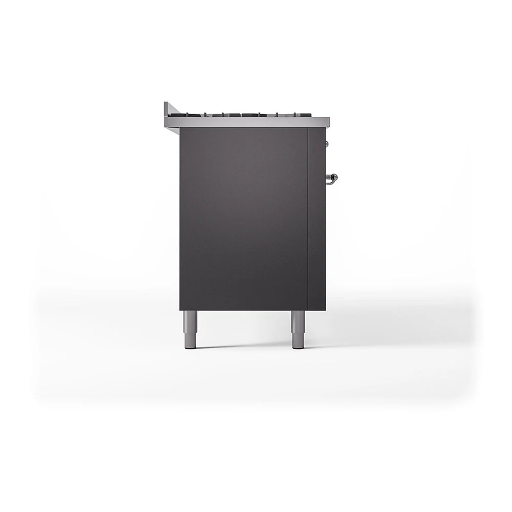 ILVE 60-Inch Nostalgie II Natural Gas Dual Fuel Range with 9 Burners, Griddle, and Solid Door Oven in Matte Graphite with Chrome Trim (UP60FQNMPMGC) - Image 4