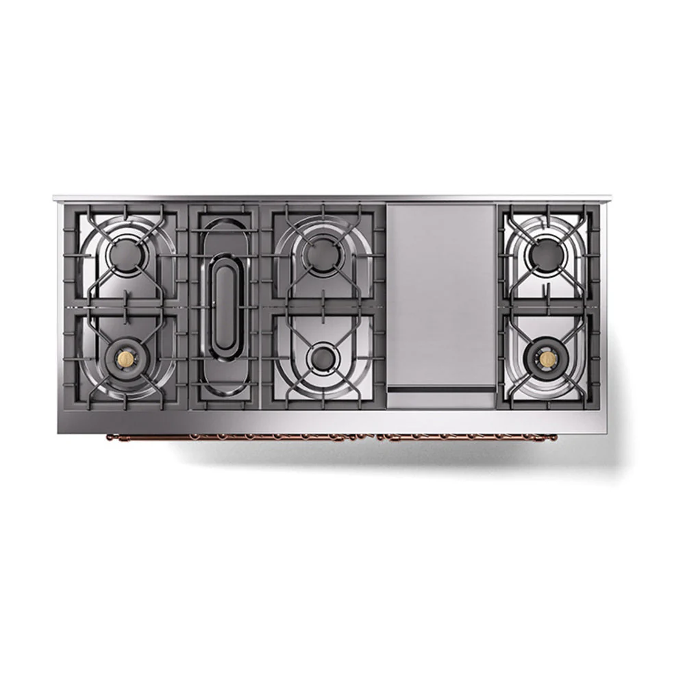 ILVE 60-Inch Nostalgie II Natural Gas Dual Fuel Range with 9 Burners, Griddle, and Solid Door Oven in Matte Graphite with Copper Trim (UP60FQNMPMGP) - Image 3